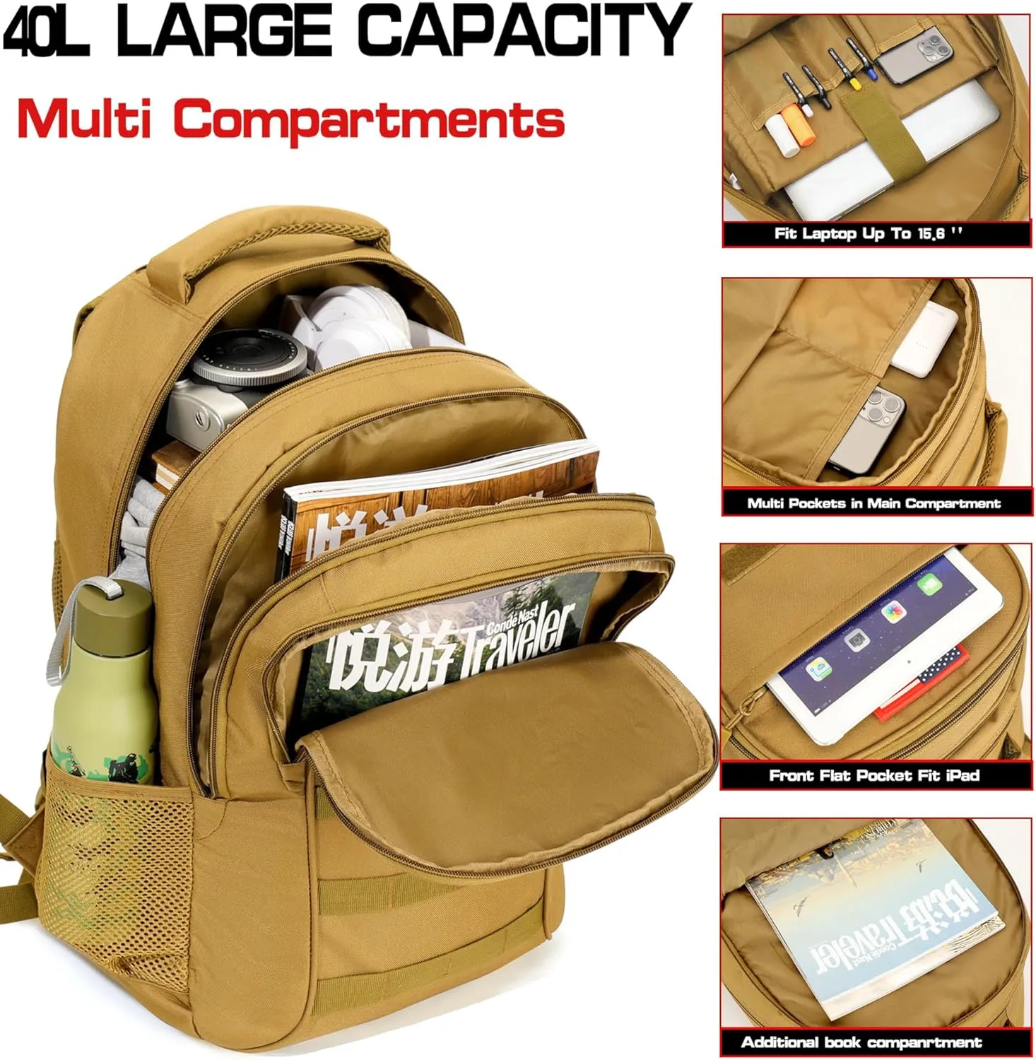 Camo Backpack 40L Military Elementary Middle School Boys Backpack Molle with USB Charging Port & Flag Patch