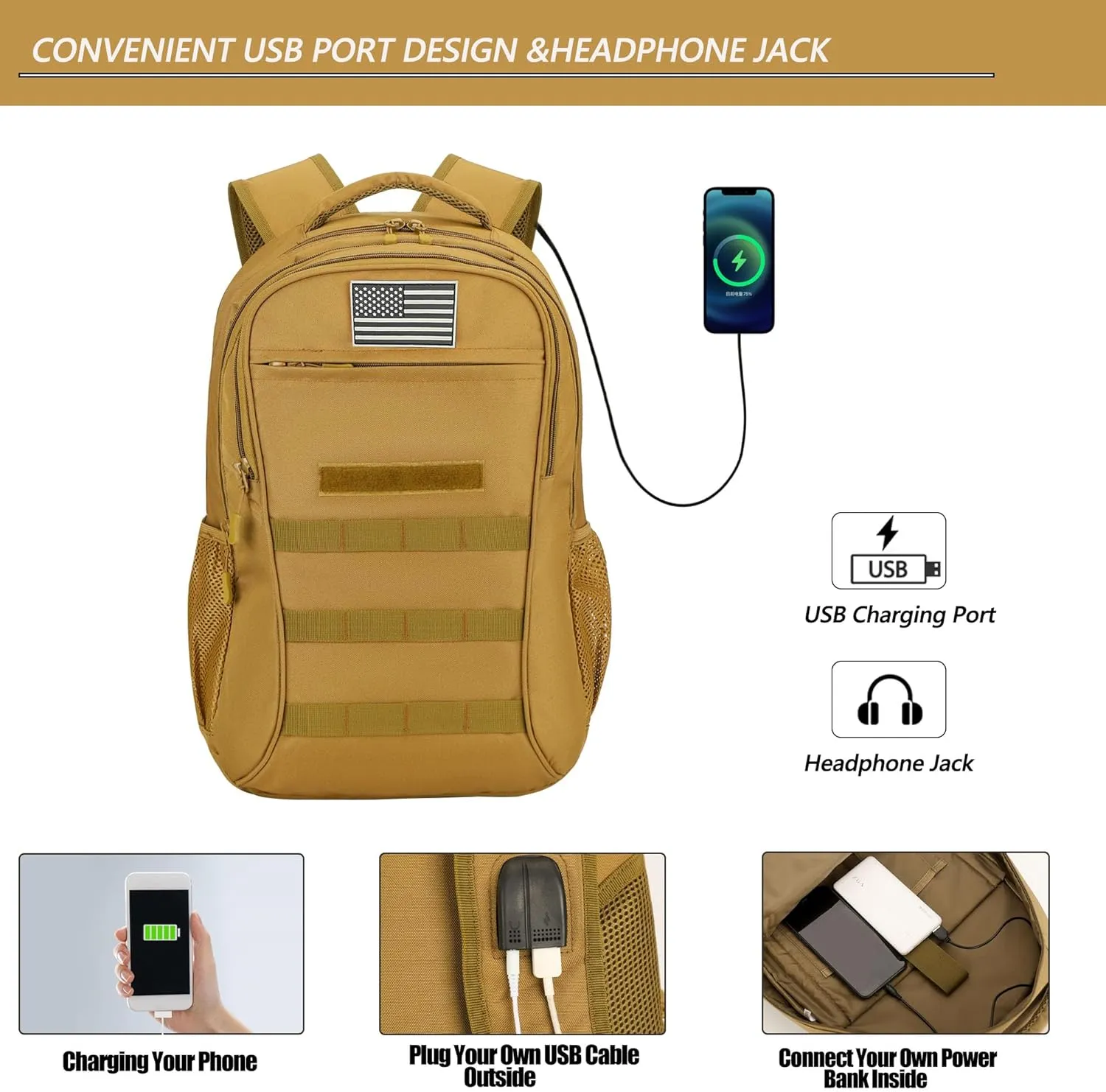 Camo Backpack 40L Military Elementary Middle School Boys Backpack Molle with USB Charging Port & Flag Patch