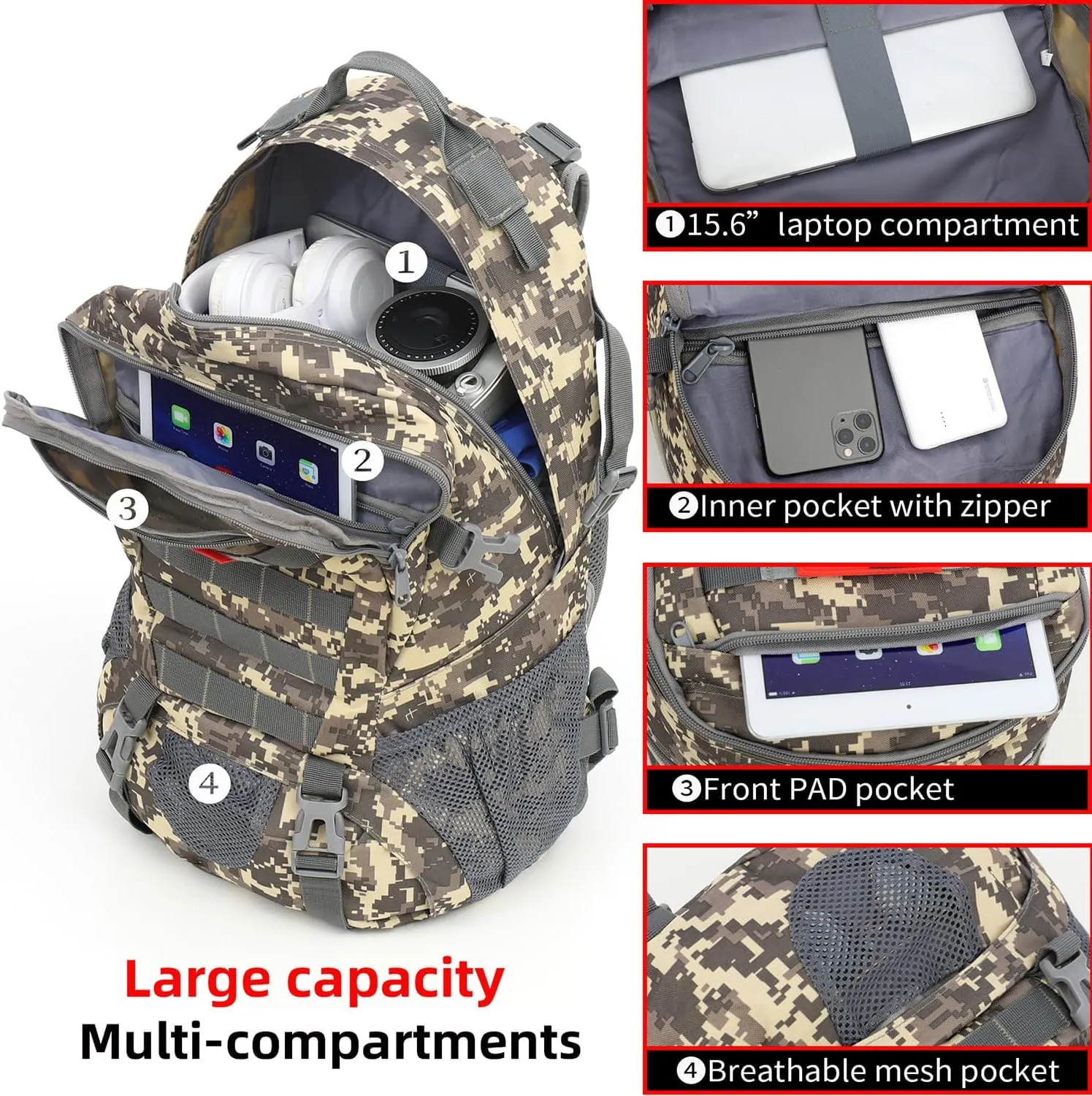 Camo Backpack,Small Tactical Backpack for outdoor,Military Teen Boys Backpacks for School 30L