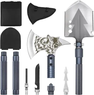 Camping Shovel Axe Set- Folding Portable Multi Tool Survival Kits with Tactical Waist Pack, Camping Axe Military Shovel for Backpacking, Entrenching Tool, Car Emergency (Grey)