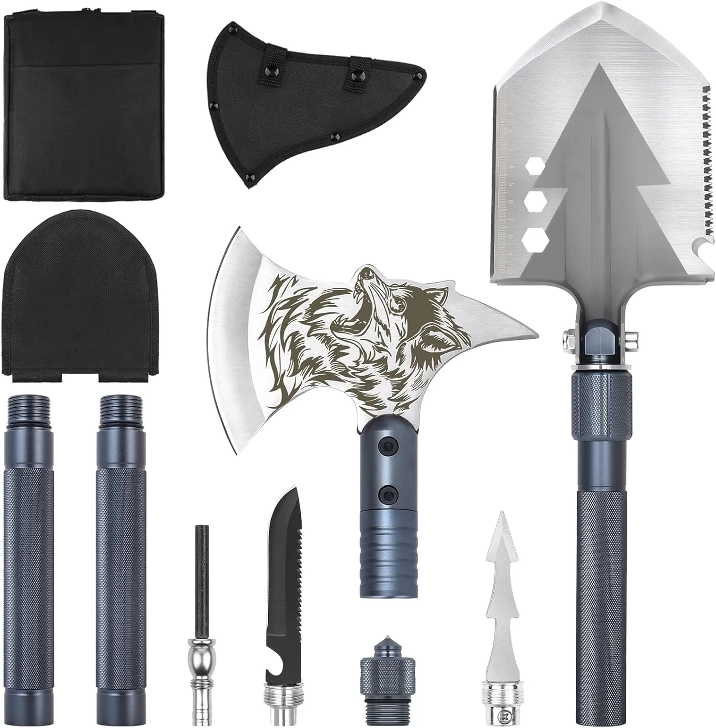 Camping Shovel Axe Set- Folding Portable Multi Tool Survival Kits with Tactical Waist Pack, Camping Axe Military Shovel for Backpacking, Entrenching Tool, Car Emergency (Grey)