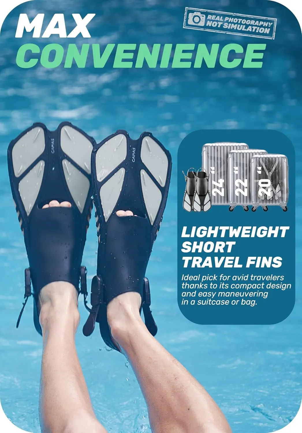 CAPAS Snorkel Fins, Swim Fins Travel Size Short Adjustable for Snorkeling Diving Adult Men Women Kids Open Heel Swimming Flippers