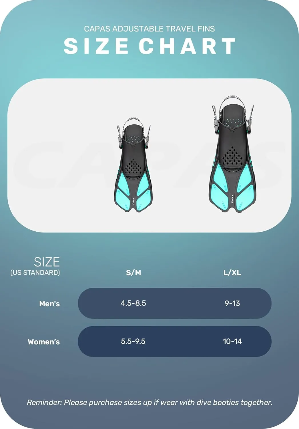 CAPAS Swim Fins, Snorkel Fins with Travel Size Short Fins for Snorkeling Diving Adjustable Open Heel Flippers for Men Women Youth