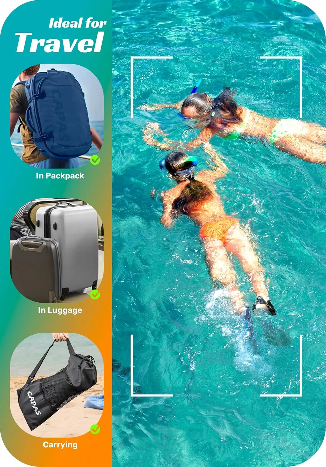 CAPAS Swim Fins, Snorkel Fins with Travel Size Short Fins for Snorkeling Diving Adjustable Open Heel Flippers for Men Women Youth