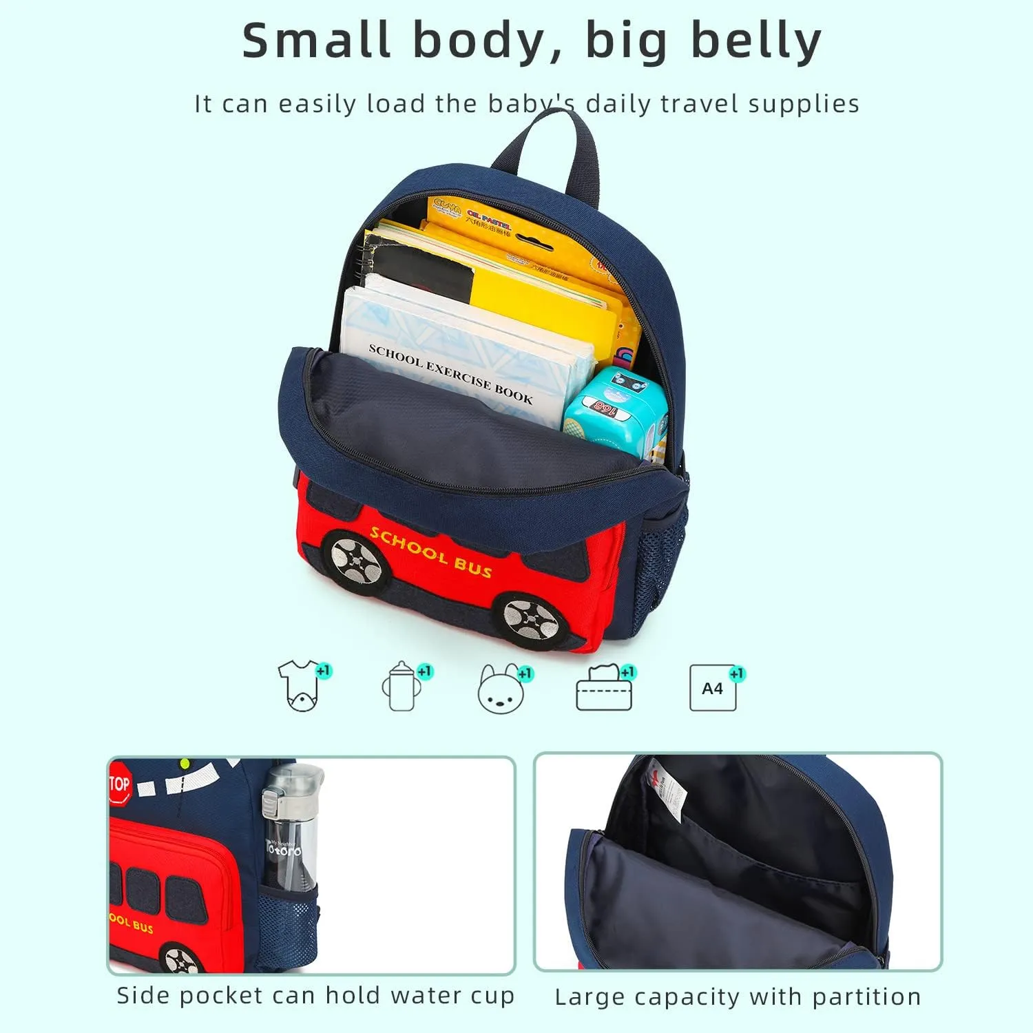 Car Dinosaur Kids Toddler Backpack for Boys and Girls Children Waterproof Preschool Bag(Red Scool Bus)