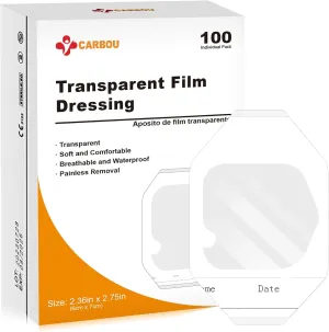 Carbou Transparent Film Dressing 2 3/8" x2 3/4" Pack of 100 Waterproof Wound Bandage Adhesive Patches,Post Surgical Shower or IV Shield,Tattoo Aftercare Bandage