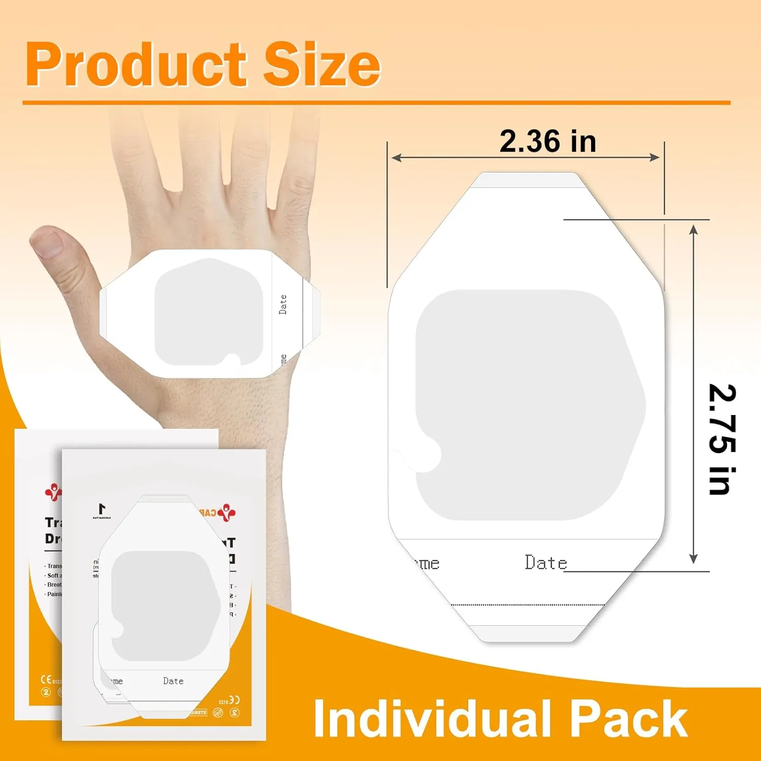 Carbou Transparent Film Dressing 2 3/8" x2 3/4" Pack of 100 Waterproof Wound Bandage Adhesive Patches,Post Surgical Shower or IV Shield,Tattoo Aftercare Bandage