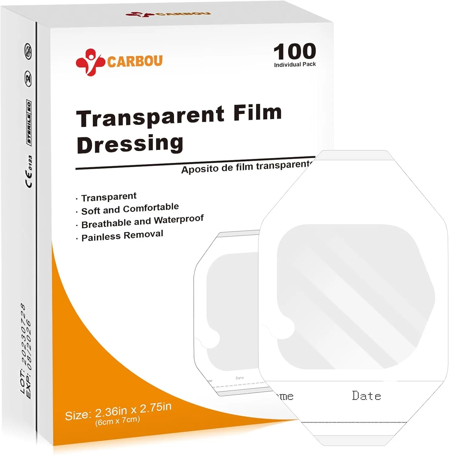Carbou Transparent Film Dressing 2 3/8" x2 3/4" Pack of 100 Waterproof Wound Bandage Adhesive Patches,Post Surgical Shower or IV Shield,Tattoo Aftercare Bandage