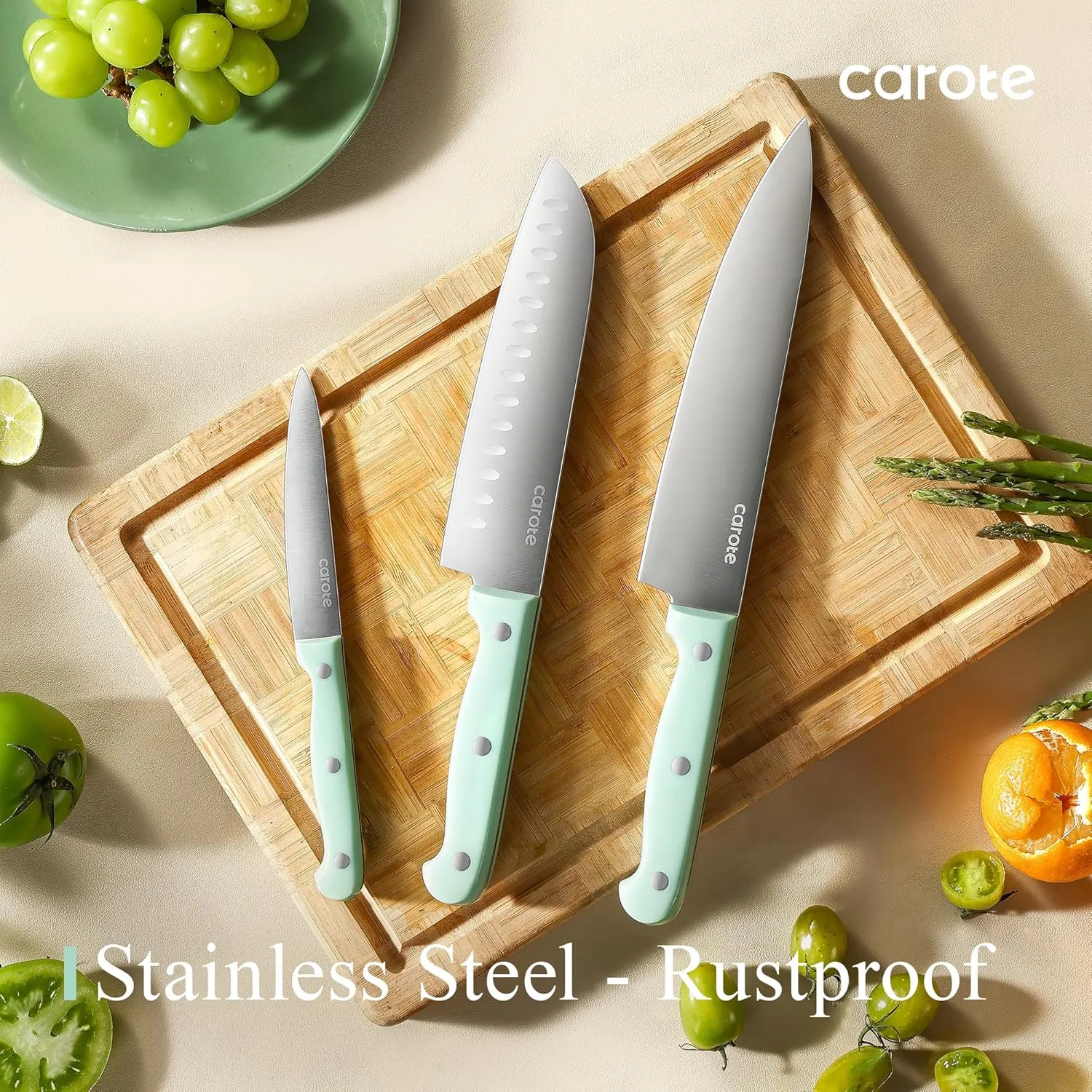 CAROTE 14 Pieces Knife Set with Block, Forged, High Carbon Stainless Steel Sharp Blade Block Knife Set, Dishwasher Safe Cutlery, Green