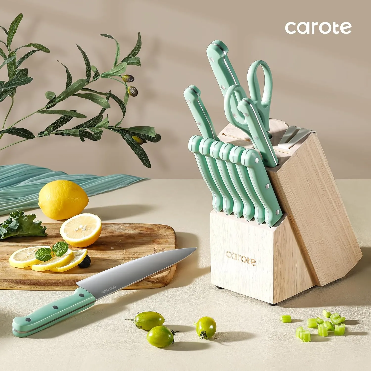 CAROTE 14 Pieces Knife Set with Block, Forged, High Carbon Stainless Steel Sharp Blade Block Knife Set, Dishwasher Safe Cutlery, Green
