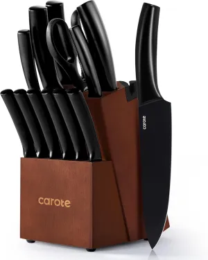 CAROTE 14Pcs Kitchen Knife Set, Dishwasher Safe knife set with Block and Sharpener, Stainless Steel Cutlery with Razor-Sharp Blades, 6 Steak Knives, Full-Black