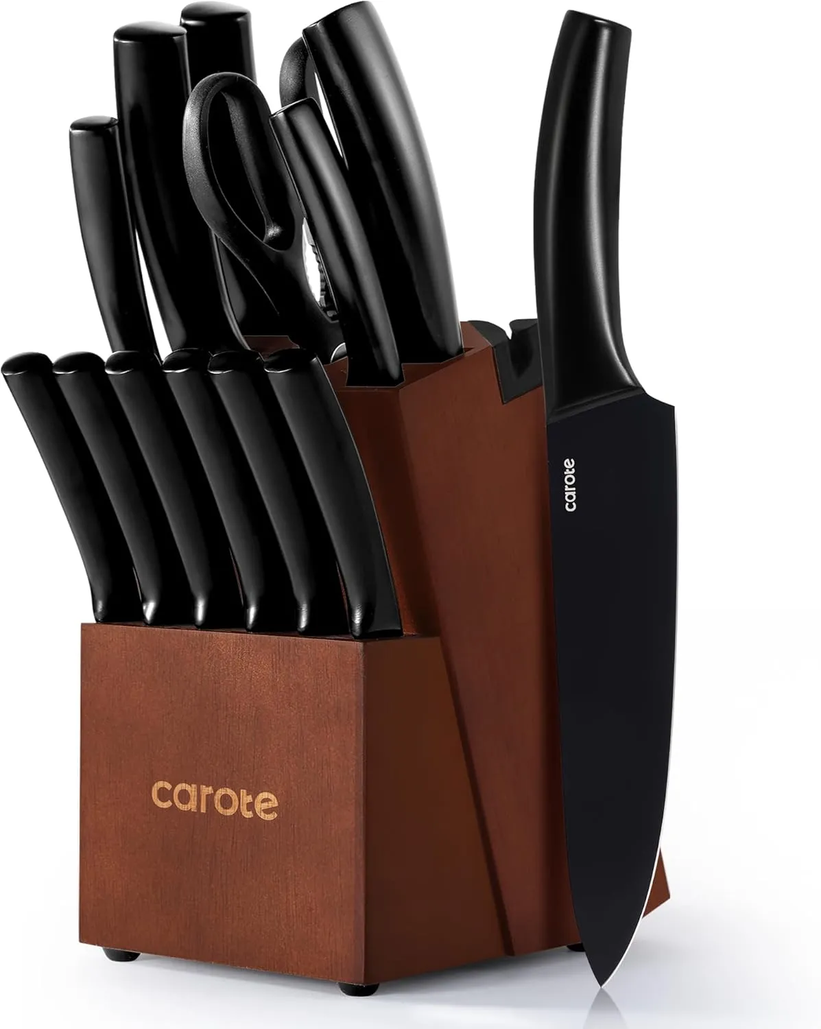 CAROTE 14Pcs Kitchen Knife Set, Dishwasher Safe knife set with Block and Sharpener, Stainless Steel Cutlery with Razor-Sharp Blades, 6 Steak Knives, Full-Black