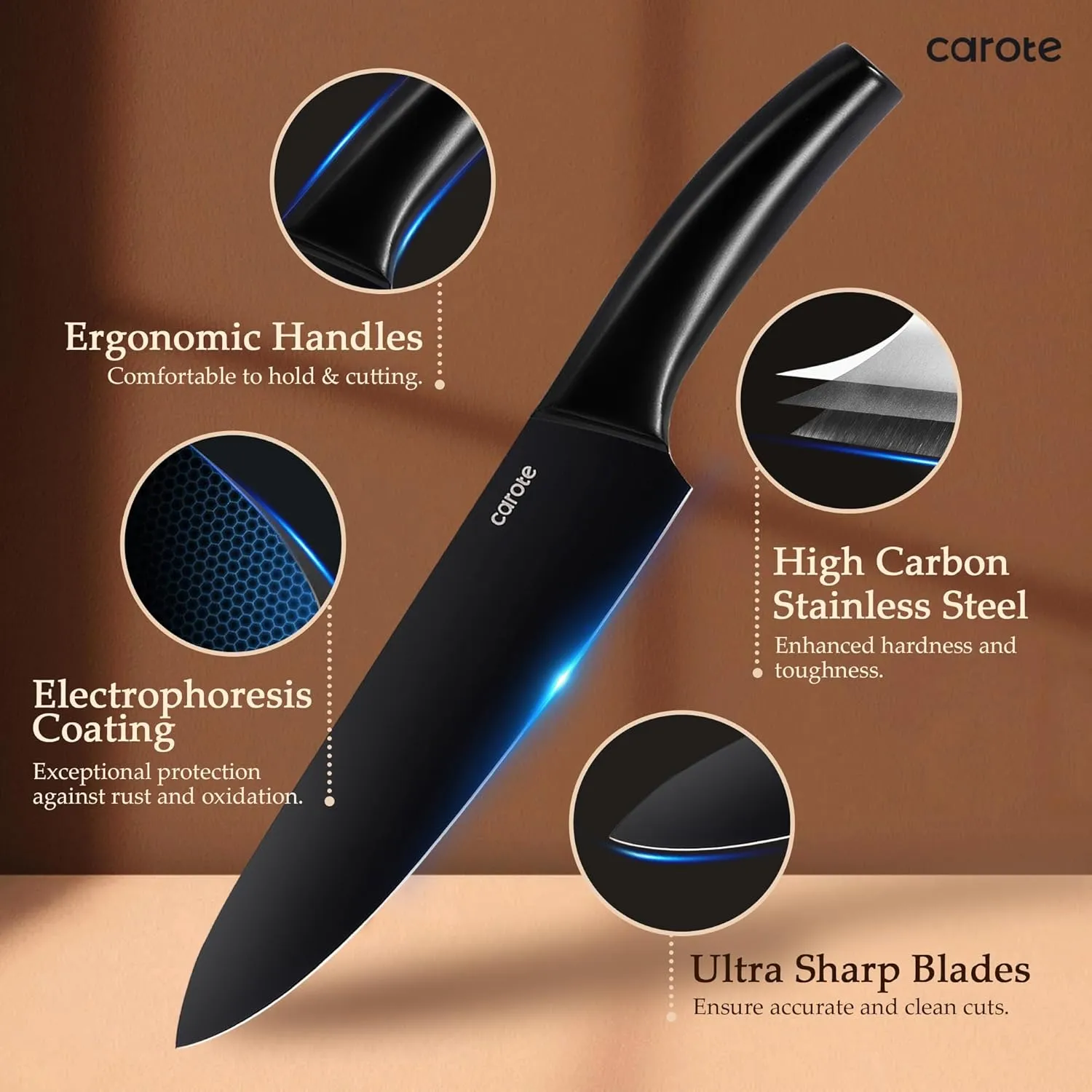 CAROTE 14Pcs Kitchen Knife Set, Dishwasher Safe knife set with Block and Sharpener, Stainless Steel Cutlery with Razor-Sharp Blades, 6 Steak Knives, Full-Black