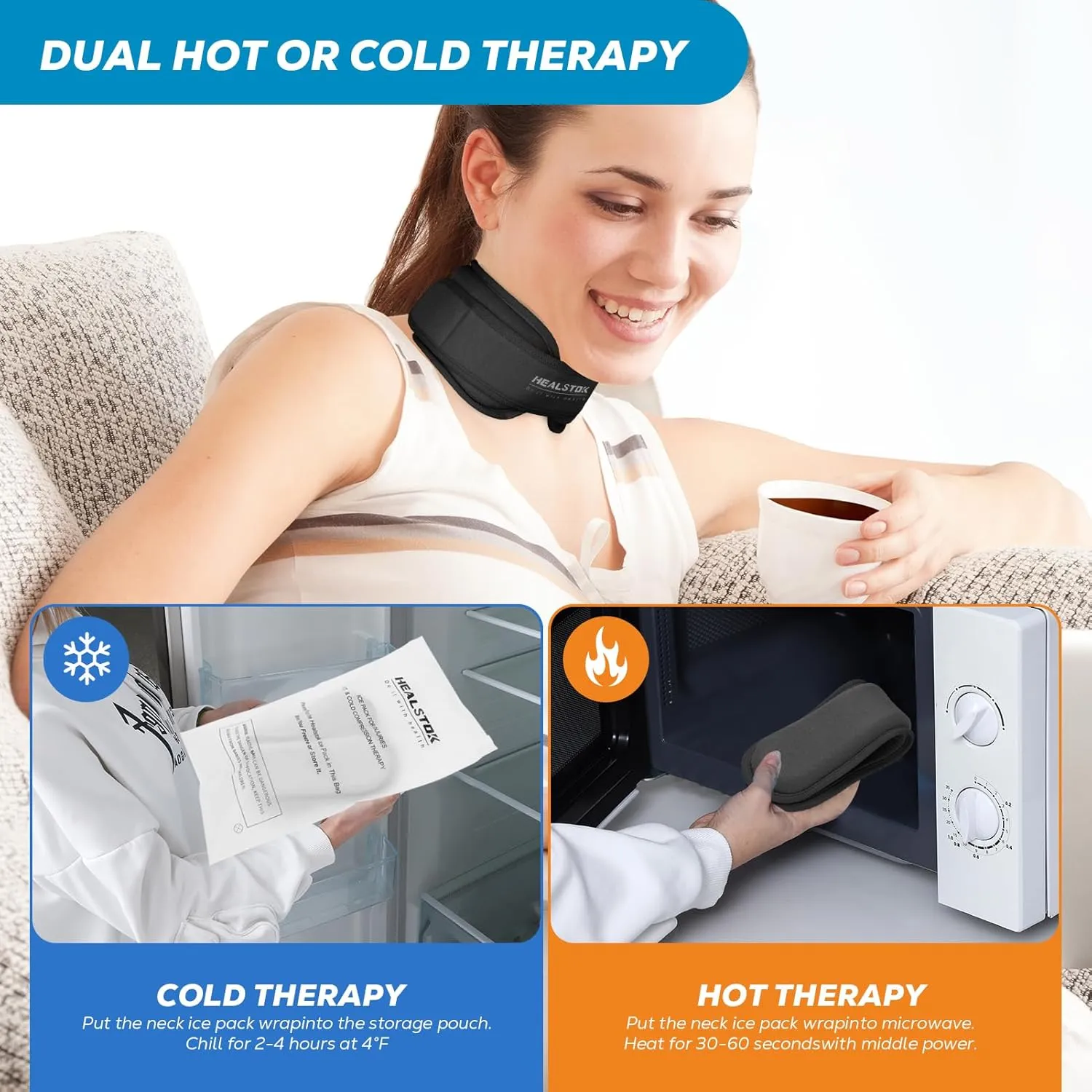 Cervical Ice Pack Wrap - Cold & Hot Therapy Ice Packs for Neck Injuries & Migraines - Reusable, Adjustable, Flexible Gel Head Wrap (Black)