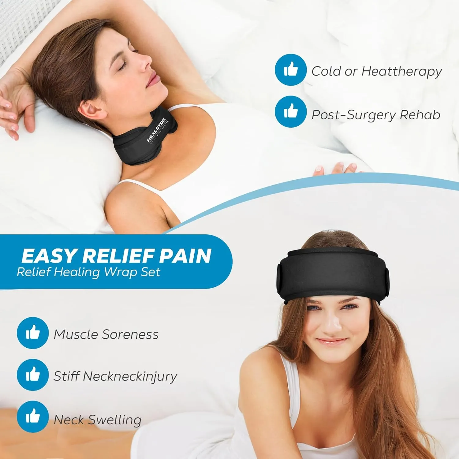 Cervical Ice Pack Wrap - Cold & Hot Therapy Ice Packs for Neck Injuries & Migraines - Reusable, Adjustable, Flexible Gel Head Wrap (Black)