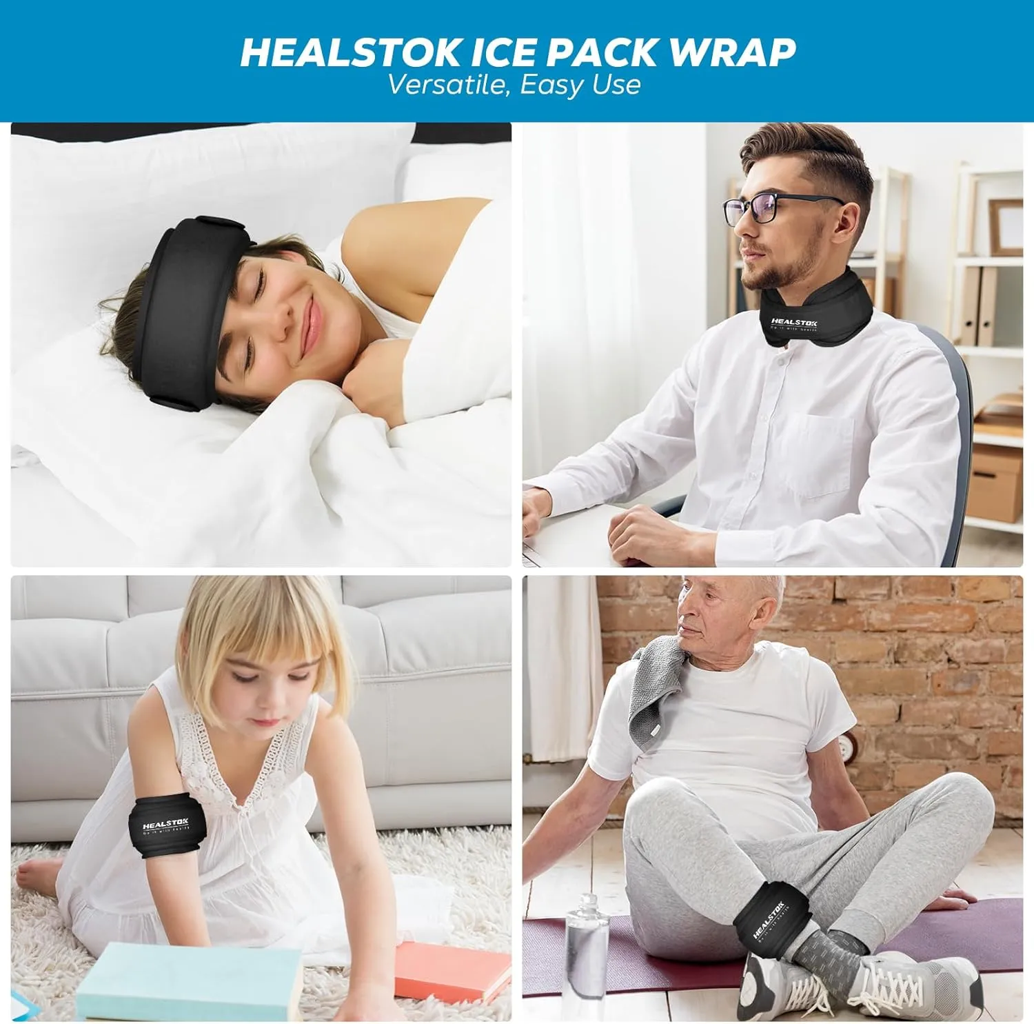 Cervical Ice Pack Wrap - Cold & Hot Therapy Ice Packs for Neck Injuries & Migraines - Reusable, Adjustable, Flexible Gel Head Wrap (Black)