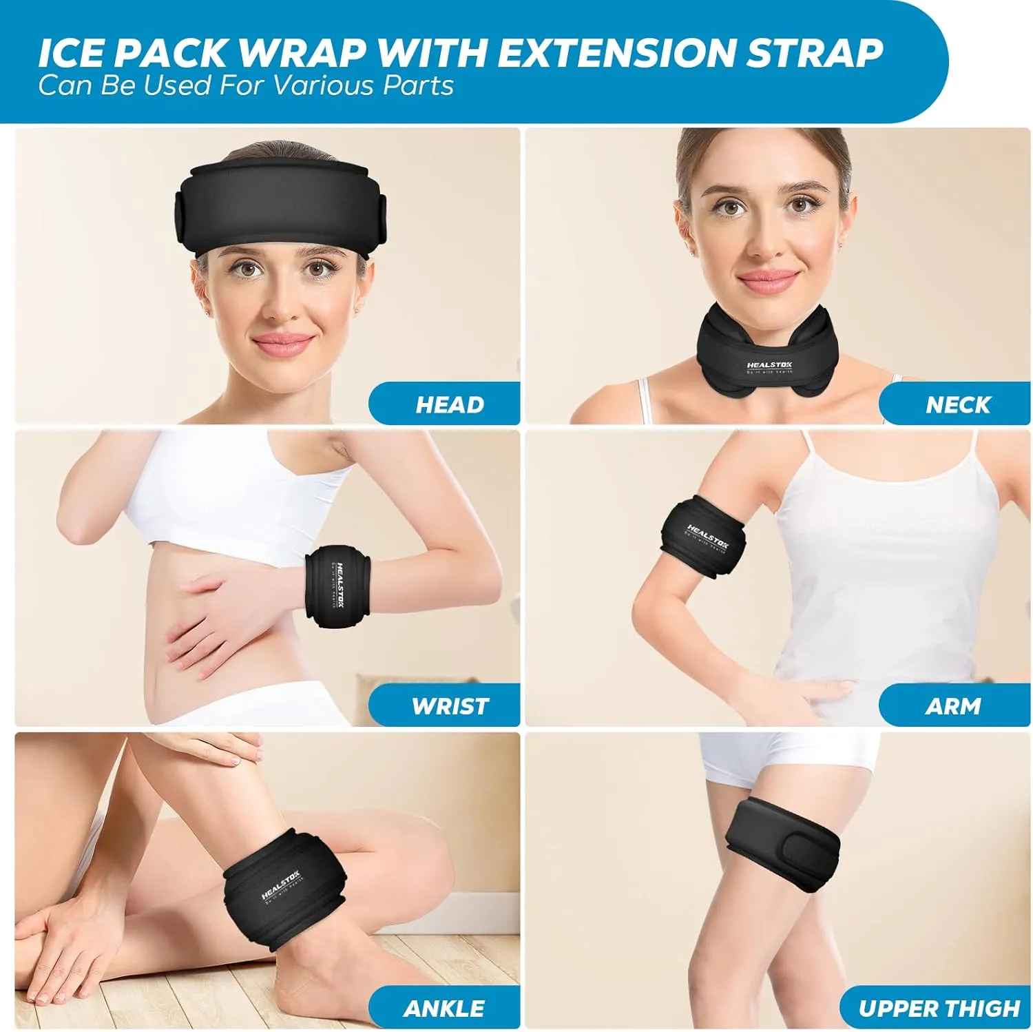 Cervical Ice Pack Wrap - Cold & Hot Therapy Ice Packs for Neck Injuries & Migraines - Reusable, Adjustable, Flexible Gel Head Wrap (Black)