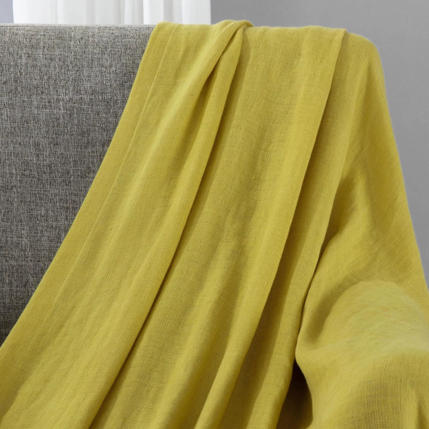 Chezmoi Collection Brussels Belgian Flax Linen Throw Blanket, 50" x 70" - Pre-Washed Super Soft Lightweight Breathable Summer Blanket Lemon Ice Color for Living Room Couch & Bed