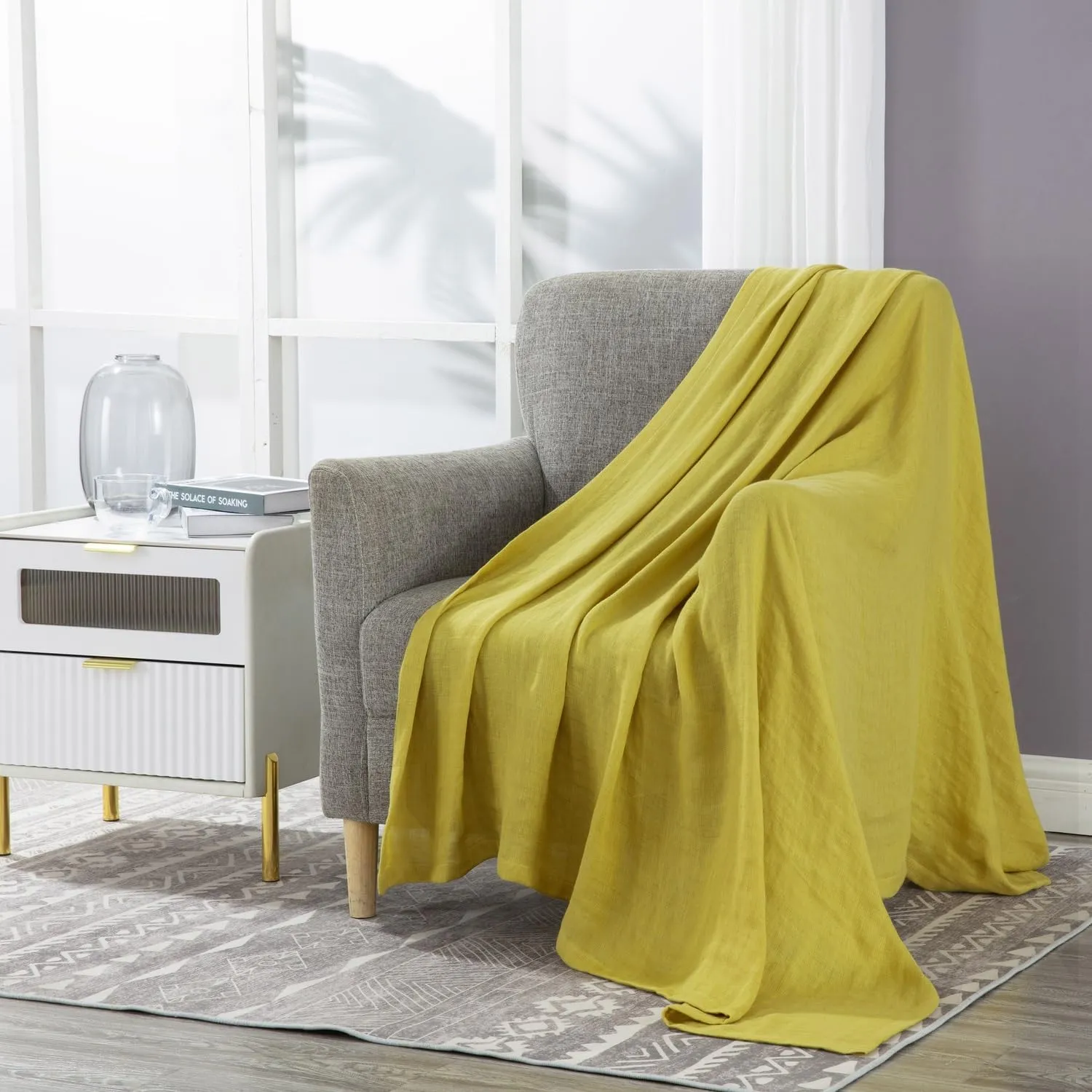 Chezmoi Collection Brussels Belgian Flax Linen Throw Blanket, 50" x 70" - Pre-Washed Super Soft Lightweight Breathable Summer Blanket Lemon Ice Color for Living Room Couch & Bed