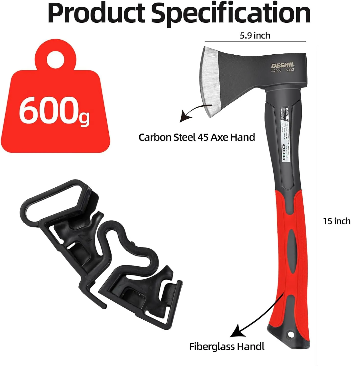Chopping Axe, 15”Outdoor Hatchet Forged Carbon Steel Heat Treated Hand Maul Tool, Fiberglass Shock Reduction Handle with Anti-Slip Grip,Red