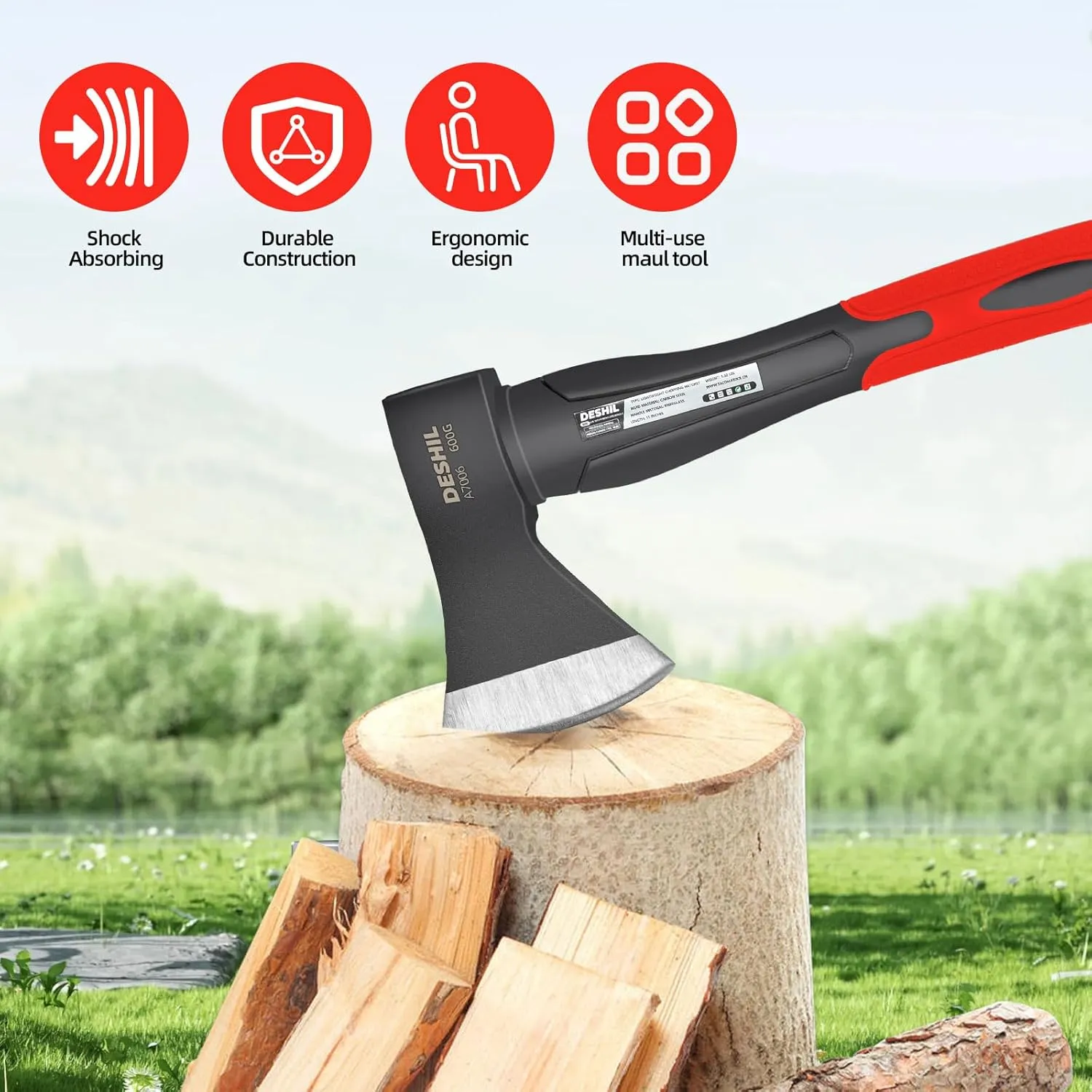 Chopping Axe, 15”Outdoor Hatchet Forged Carbon Steel Heat Treated Hand Maul Tool, Fiberglass Shock Reduction Handle with Anti-Slip Grip,Red
