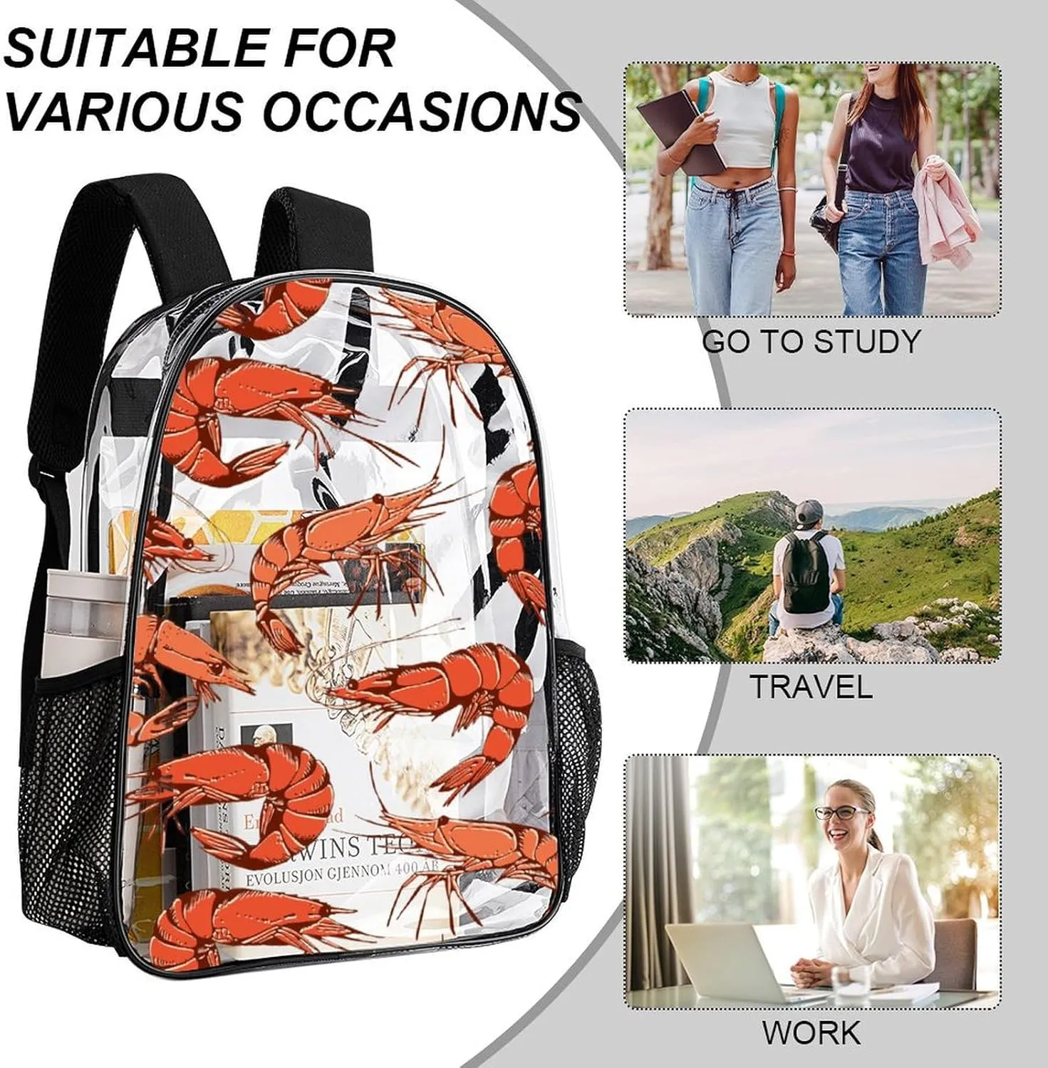 Clear Backpack Heavy Duty Summer Cute Shrimp 16 Inch for Stadium Events Concert Travel Work Sport Hiking Crayfish Waterproof Sturdy Transparent Bag for Men Women
