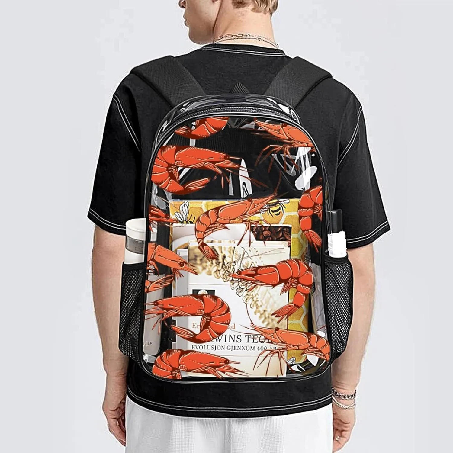 Clear Backpack Heavy Duty Summer Cute Shrimp 16 Inch for Stadium Events Concert Travel Work Sport Hiking Crayfish Waterproof Sturdy Transparent Bag for Men Women