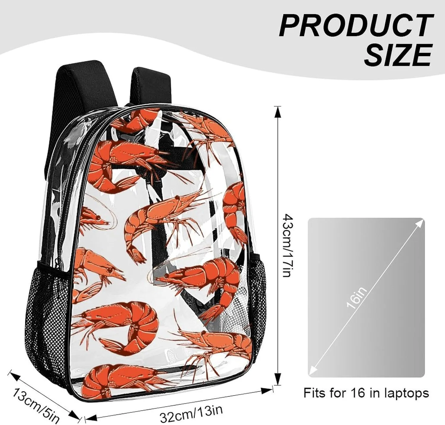 Clear Backpack Heavy Duty Summer Cute Shrimp 16 Inch for Stadium Events Concert Travel Work Sport Hiking Crayfish Waterproof Sturdy Transparent Bag for Men Women