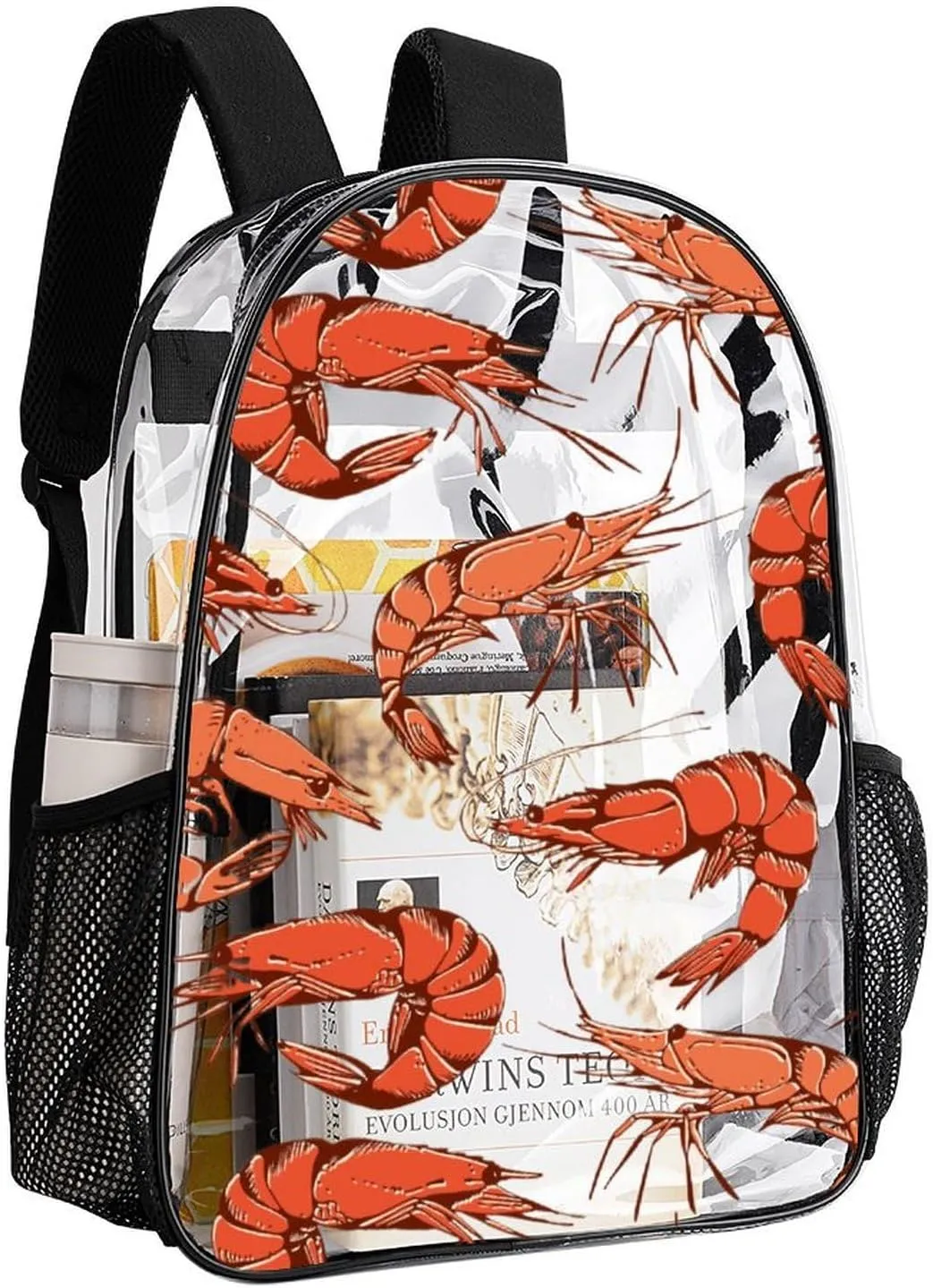 Clear Backpack Heavy Duty Summer Cute Shrimp 16 Inch for Stadium Events Concert Travel Work Sport Hiking Crayfish Waterproof Sturdy Transparent Bag for Men Women