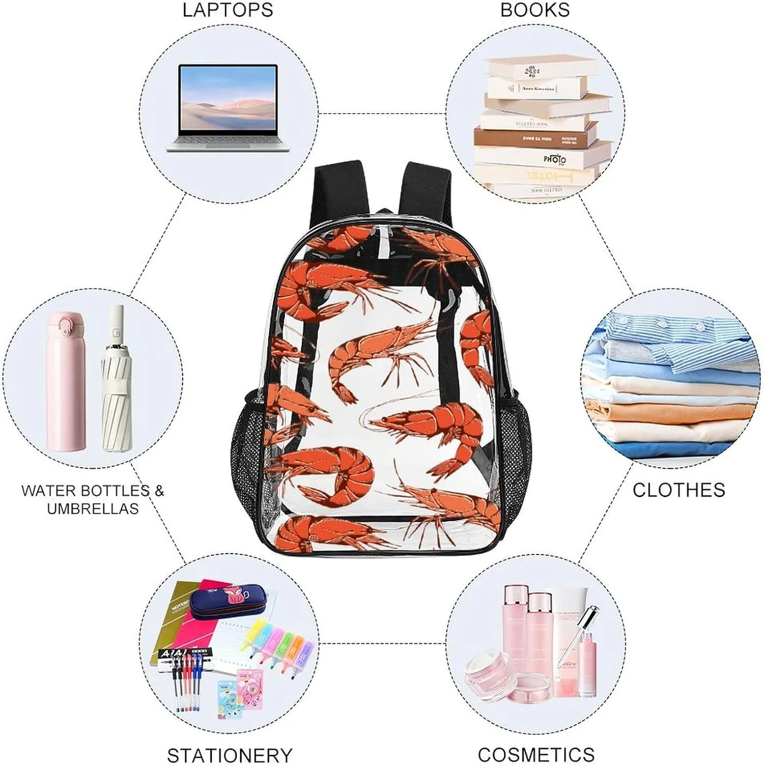 Clear Backpack Heavy Duty Summer Cute Shrimp 16 Inch for Stadium Events Concert Travel Work Sport Hiking Crayfish Waterproof Sturdy Transparent Bag for Men Women
