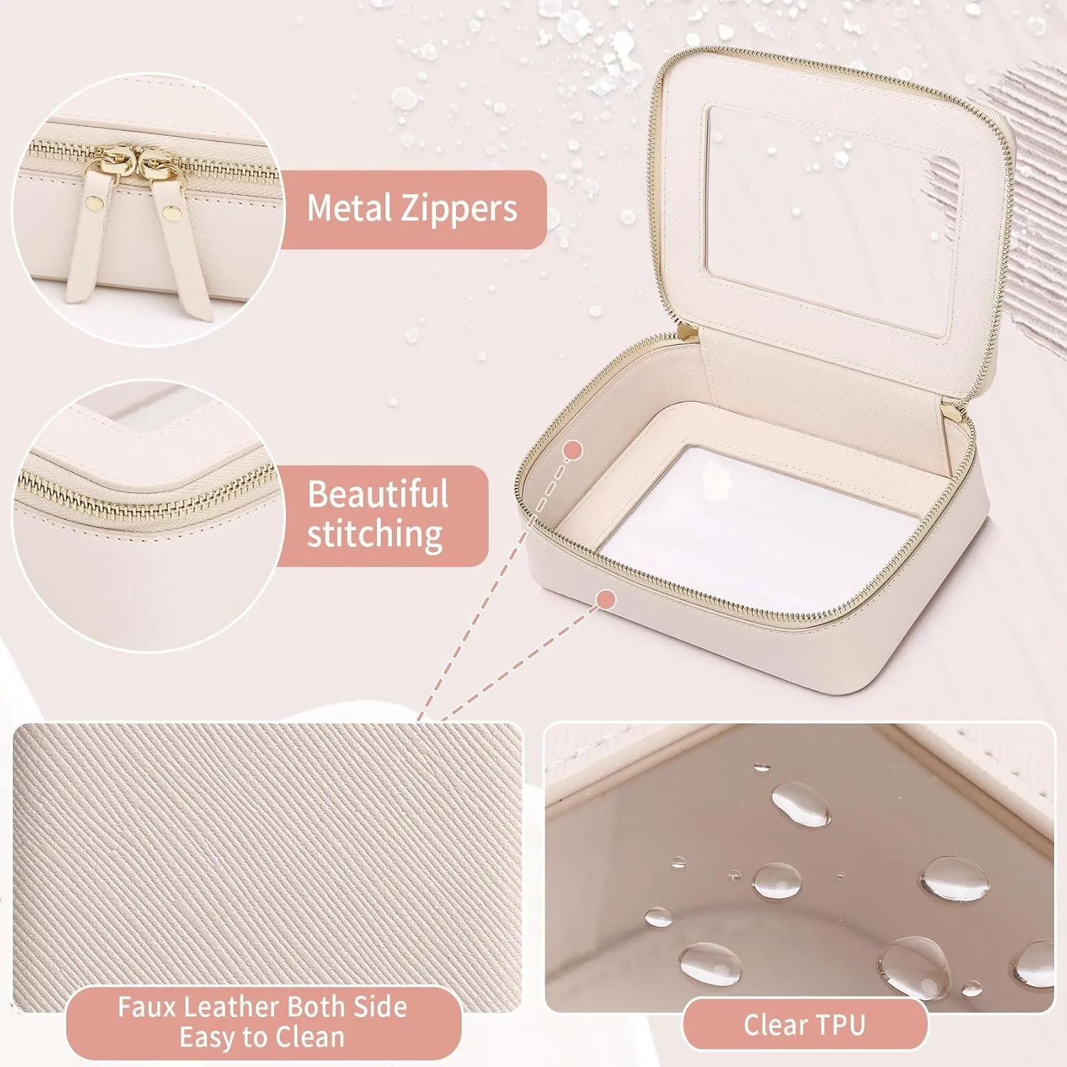 Clear Makeup Bag Women's Waterproof Travel Cosmetic Case and Toiletry Bag Portable Makeup Organizer Bag Car Essential with Zipper (Beige, M-1)
