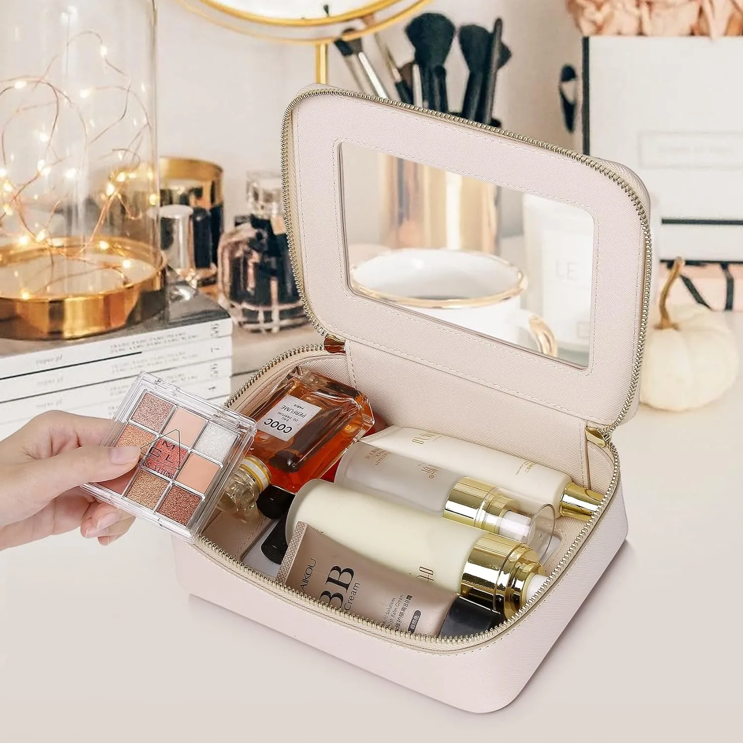 Clear Makeup Bag Women's Waterproof Travel Cosmetic Case and Toiletry Bag Portable Makeup Organizer Bag Car Essential with Zipper (Beige, M-1)