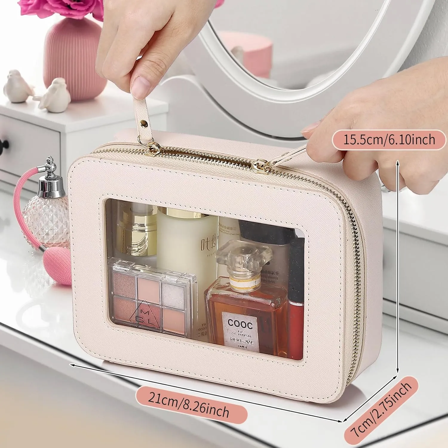 Clear Makeup Bag Women's Waterproof Travel Cosmetic Case and Toiletry Bag Portable Makeup Organizer Bag Car Essential with Zipper (Beige, M-1)