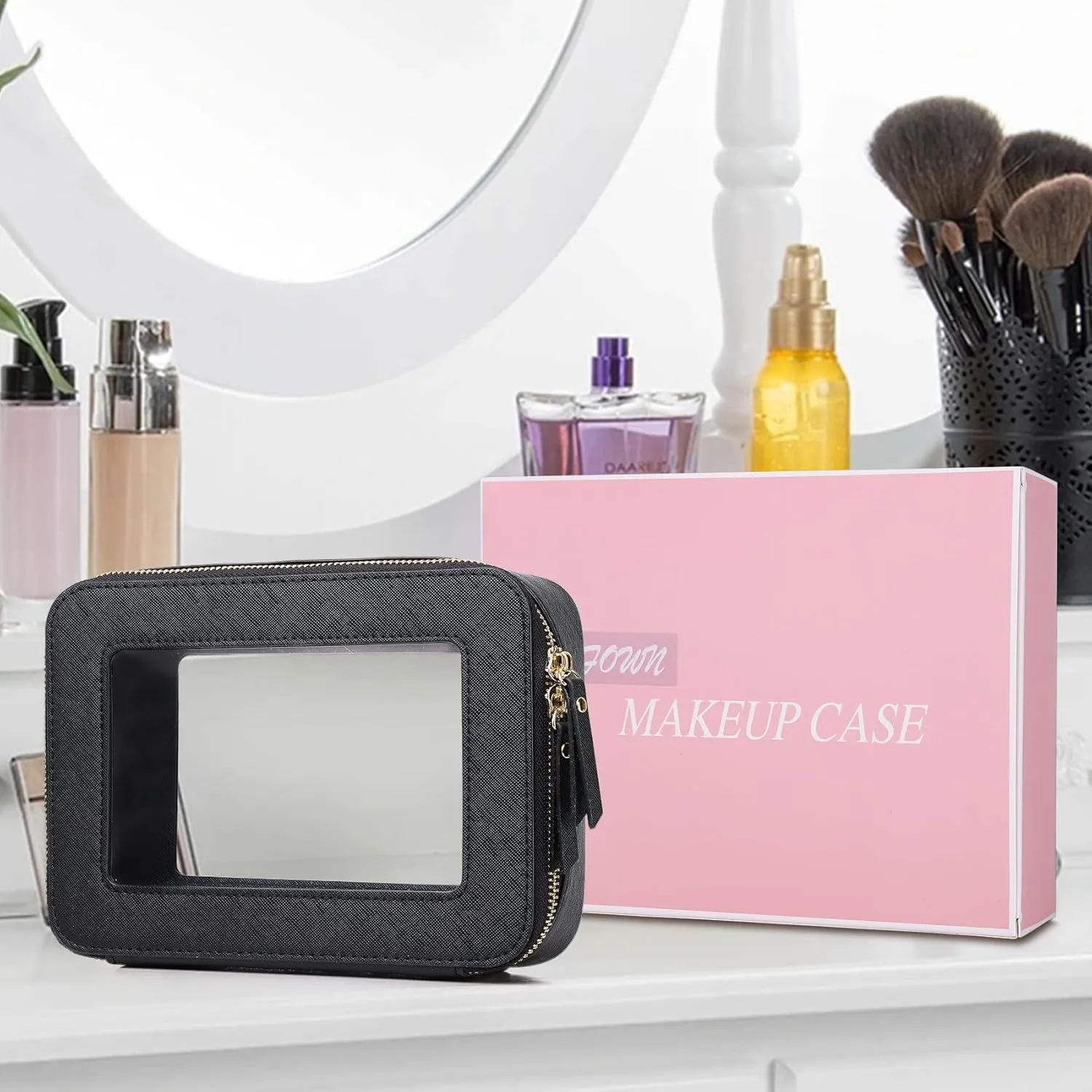 Clear Makeup Bag Women's Waterproof Travel Cosmetic Case and Toiletry Bag Portable Makeup Organizer Bag Car Essential with Zipper (Black, M-1)