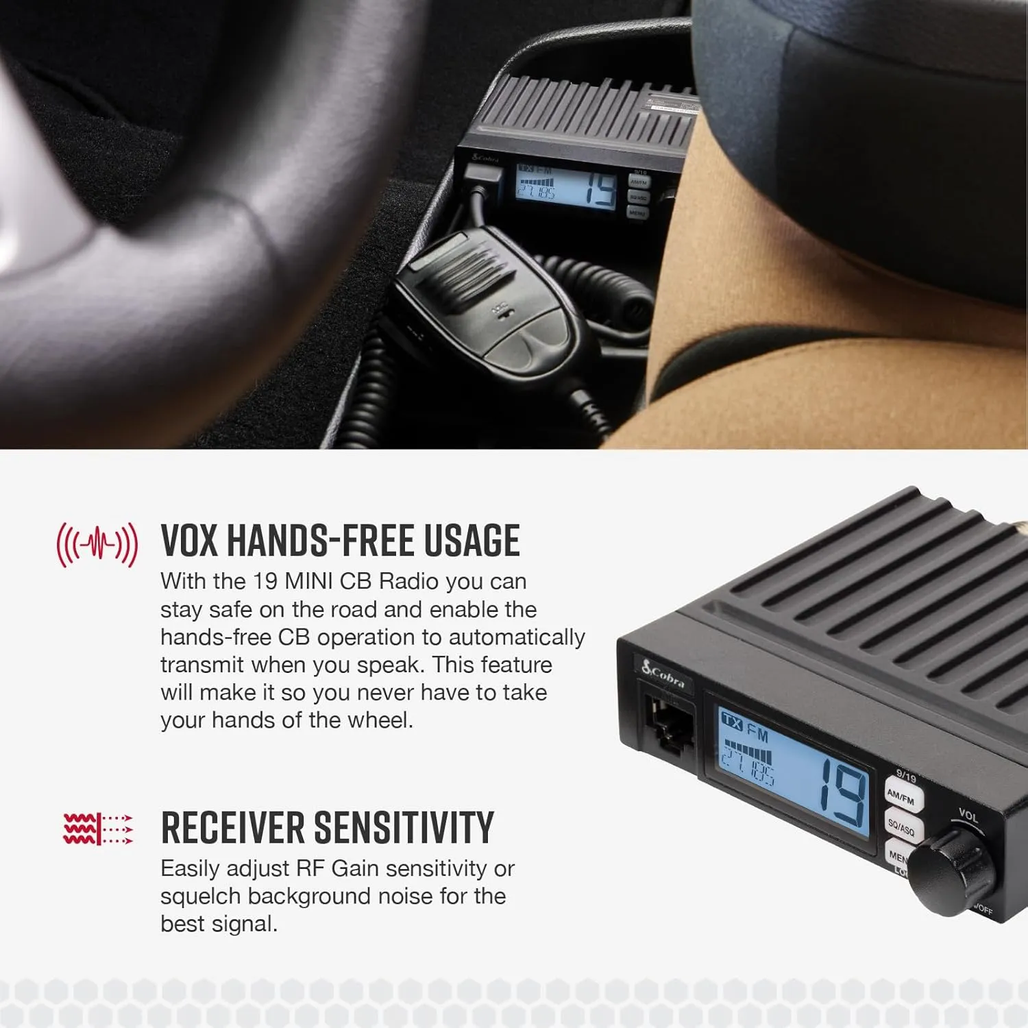 Cobra 19 MINI AM/FM Recreational CB Radio - Dual-Mode AM/FM, 40 Channels, Travel Essentials, Time Out Timer, VOX, Auto Squelch, Auto Power, Instant Channel 9/19, 4-Watt Output, Easy to Operate, Black
