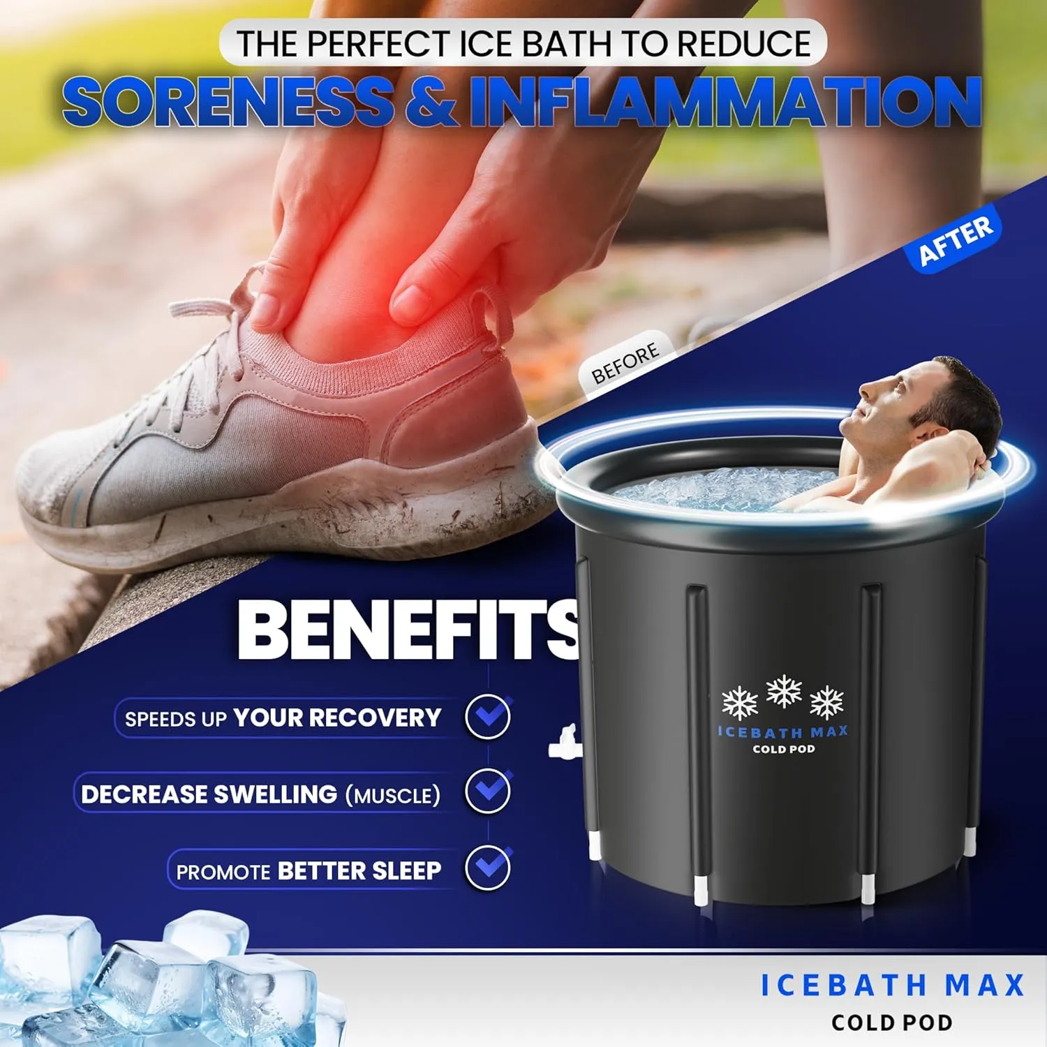Cold Plunge Tub for Athletes - Complete Starter Bundle: Portable Ice Bath, 2x Reusable Ice Blocks, Thermometer, Ice Tub for Outdoor Cold Water Therapy - Indoor & Outdoor Inflatable Ice Bath