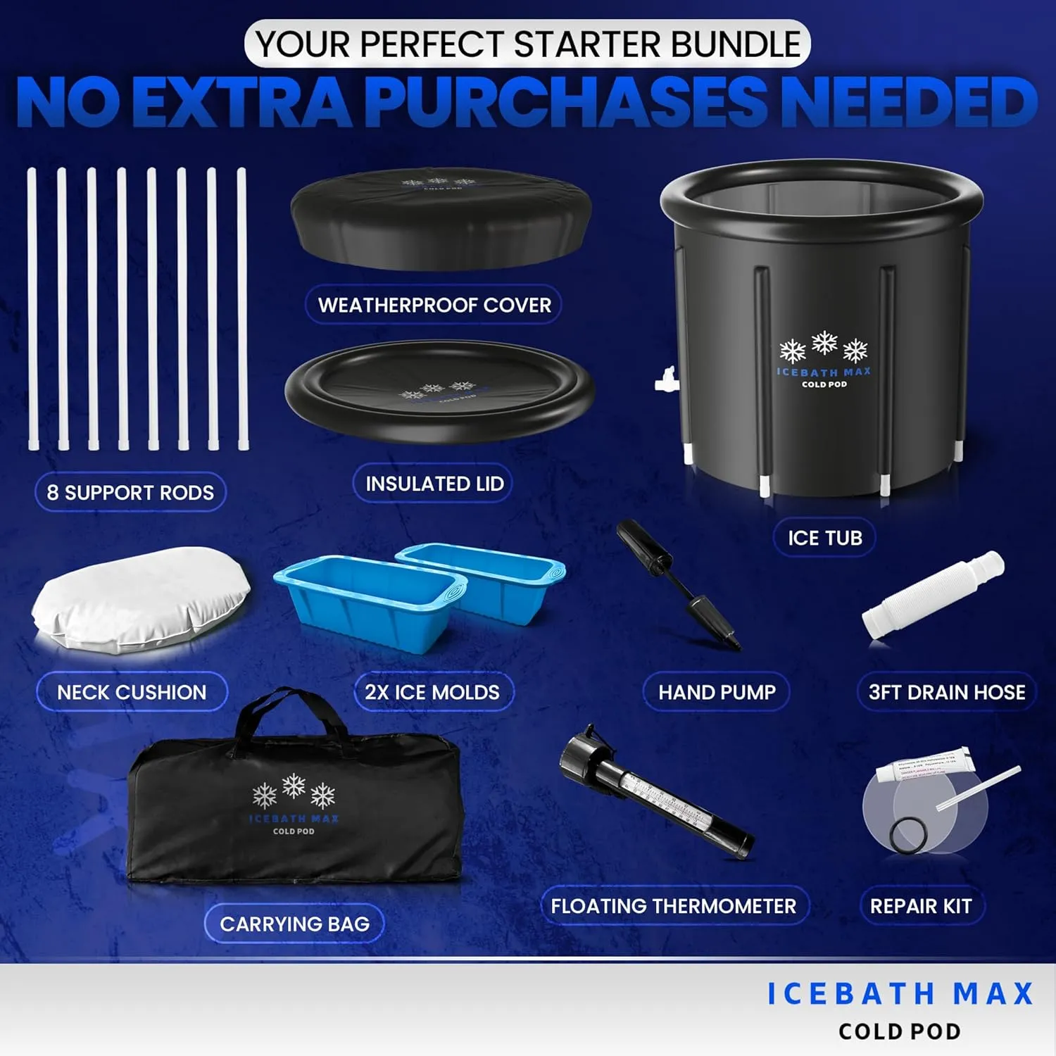Cold Plunge Tub for Athletes - Complete Starter Bundle: Portable Ice Bath, 2x Reusable Ice Blocks, Thermometer, Ice Tub for Outdoor Cold Water Therapy - Indoor & Outdoor Inflatable Ice Bath
