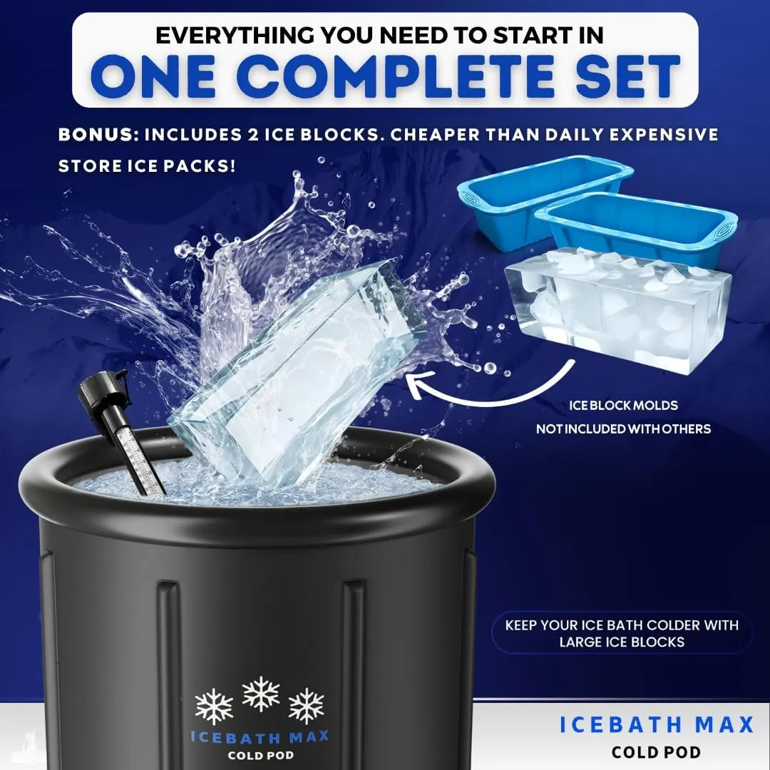 Cold Plunge Tub for Athletes - Complete Starter Bundle: Portable Ice Bath, 2x Reusable Ice Blocks, Thermometer, Ice Tub for Outdoor Cold Water Therapy - Indoor & Outdoor Inflatable Ice Bath