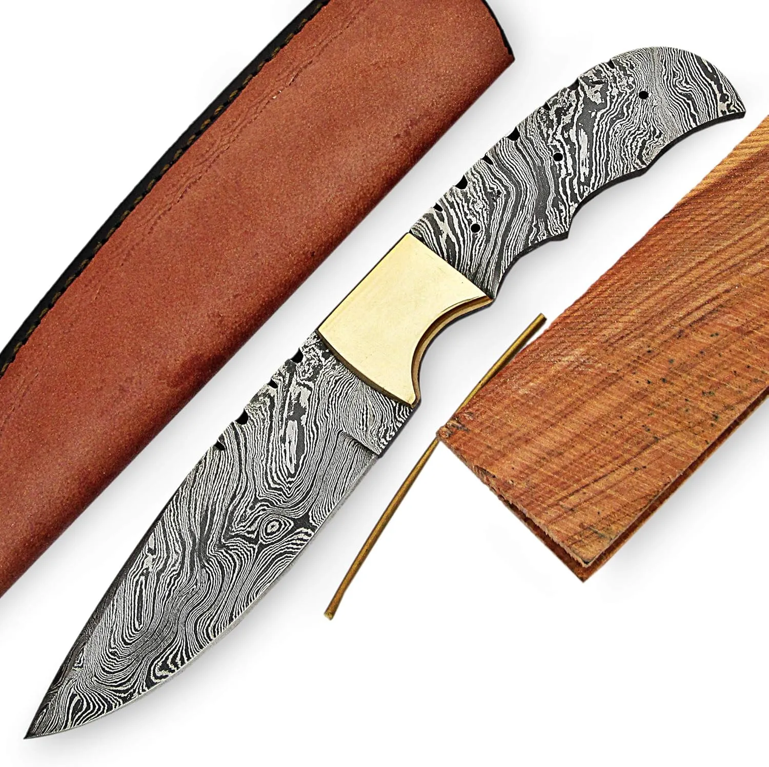 ColdLand 9.50" Hand Forged Damascus Steel Knife Blank Blade with Brass Knife Kit for Knife Making Supplies with Wood Scales, Brass Pins and Stitched Leather Sheath UK03