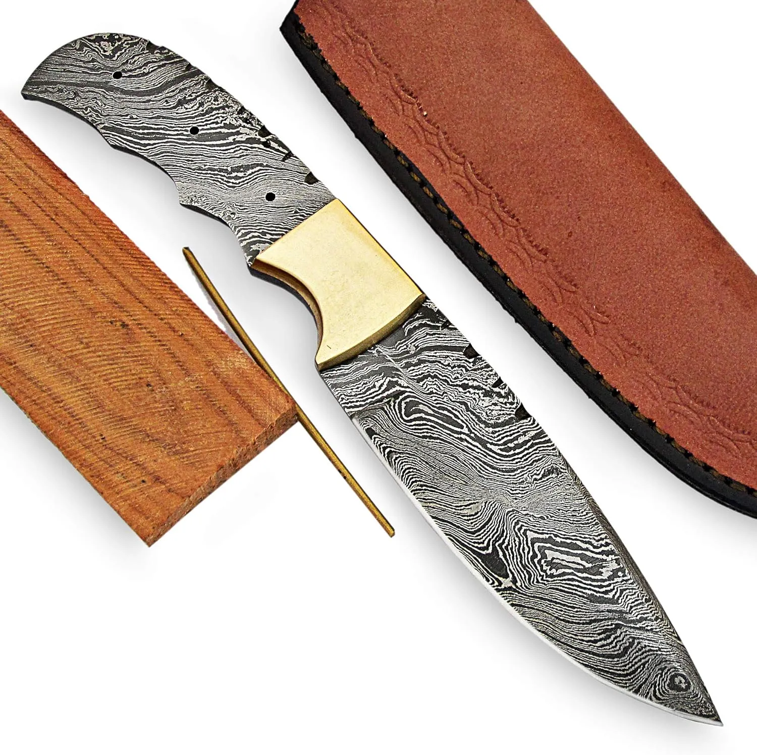 ColdLand 9.50" Hand Forged Damascus Steel Knife Blank Blade with Brass Knife Kit for Knife Making Supplies with Wood Scales, Brass Pins and Stitched Leather Sheath UK03