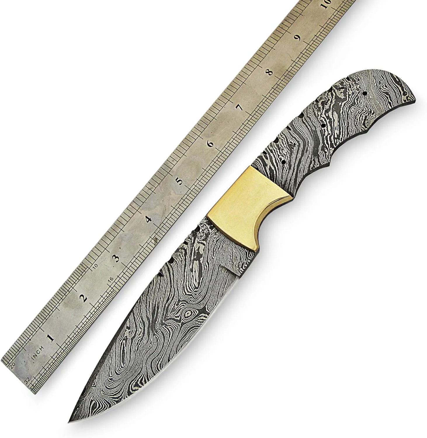 ColdLand 9.50" Hand Forged Damascus Steel Knife Blank Blade with Brass Knife Kit for Knife Making Supplies with Wood Scales, Brass Pins and Stitched Leather Sheath UK03