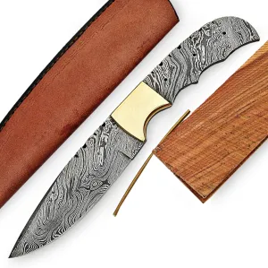 ColdLand 9.50" Hand Forged Damascus Steel Knife Blank Blade with Brass Knife Kit for Knife Making Supplies with Wood Scales, Brass Pins and Stitched Leather Sheath UK03