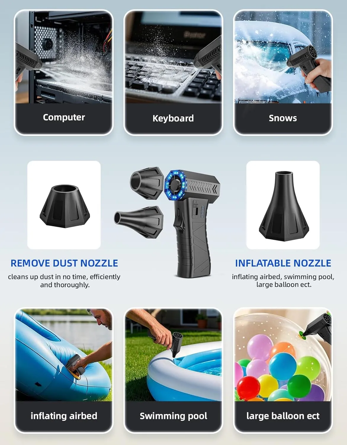 Compressed Air Duster -300000RPM Air Blower Gun Replace Dust Off Canned Air Spray, 8000mAh Battery Keyboard Cleaner Electronic Cleaning Kit, Mini Turbo Jet Dry Blower for PC/Computer/Blaster