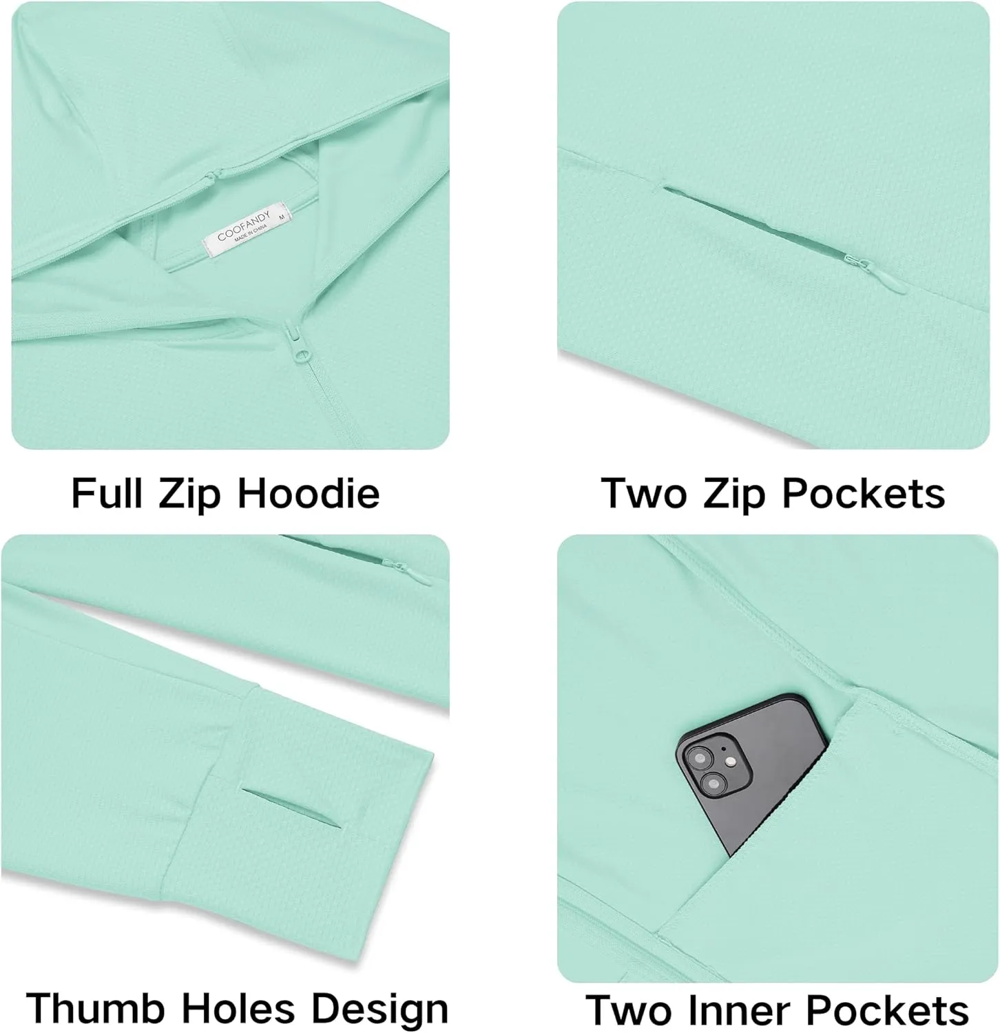 COOFANDY Men Full Zip UPF 50 Sun Protection Hoodie Jacket Long Sleeve Lightweight Breathable UV Shirts with Pockets