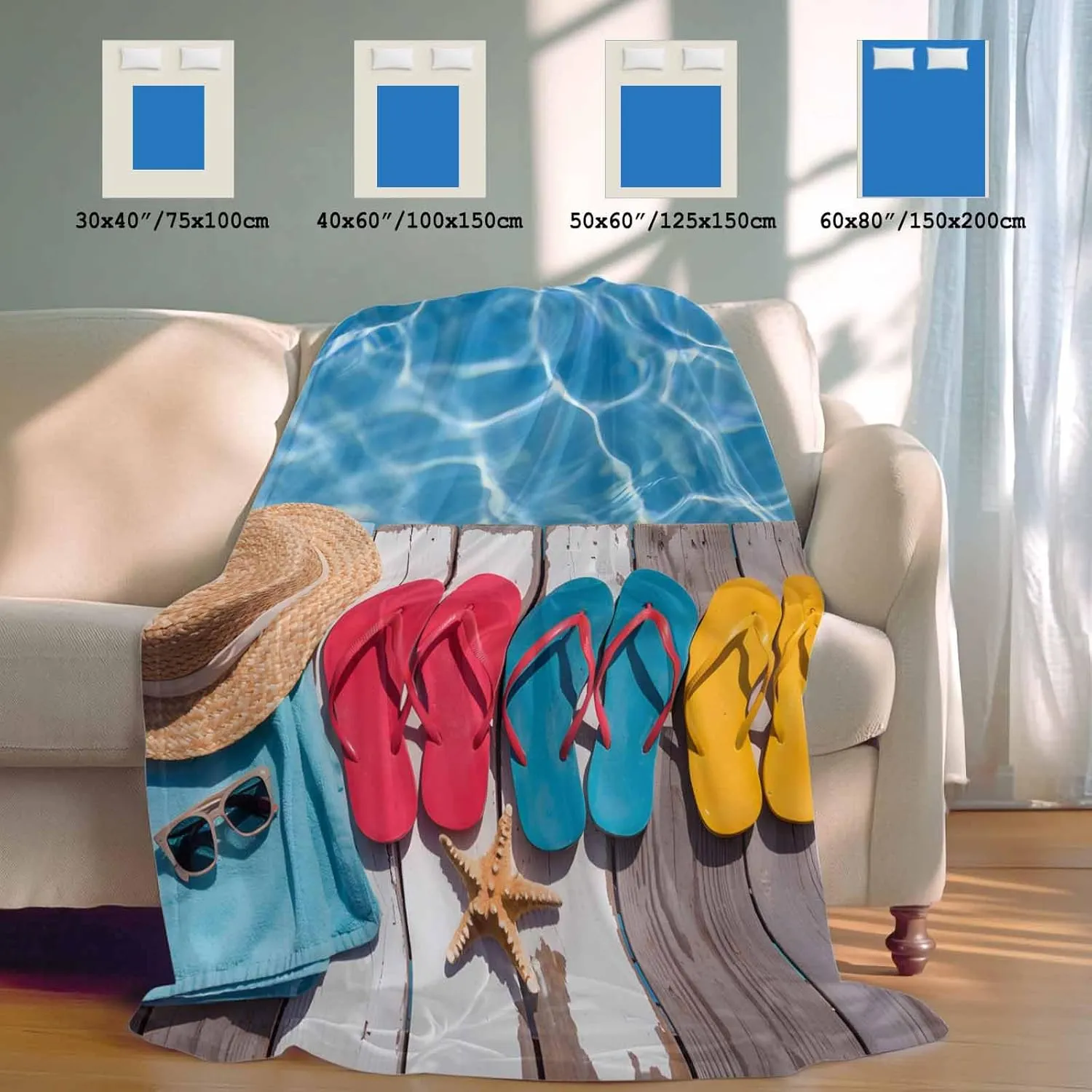 Cooling Blanket 50" x 60" Summer Slippers Straw Hat Pool Breathable Summer Blankets Thin Lightweight Cooling Comforters for Hot Sleepers Throw Blankets for Bed Sofa Couch