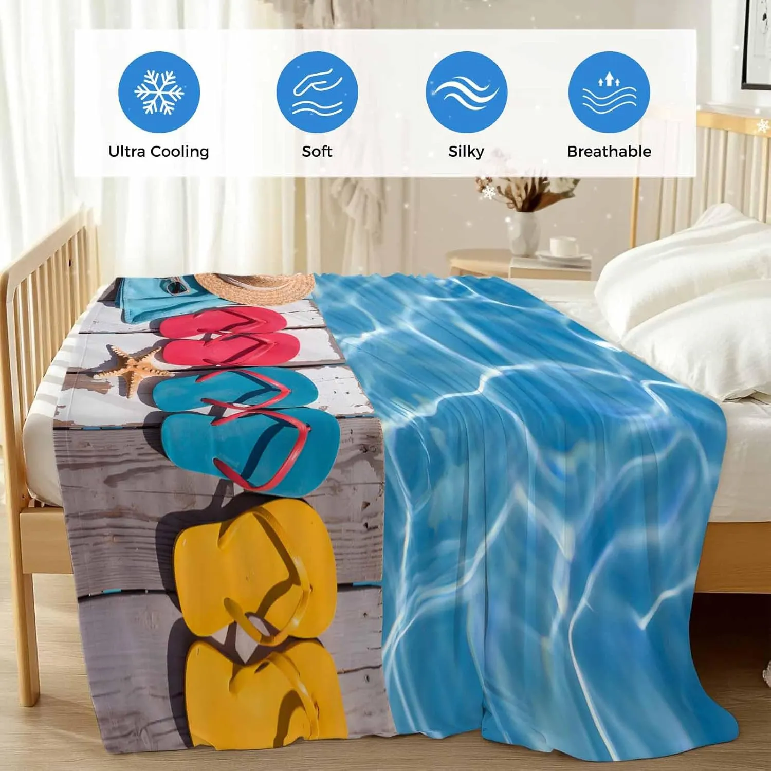 Cooling Blanket 50" x 60" Summer Slippers Straw Hat Pool Breathable Summer Blankets Thin Lightweight Cooling Comforters for Hot Sleepers Throw Blankets for Bed Sofa Couch