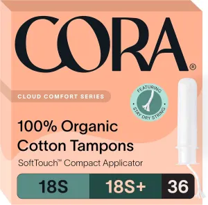Cora Organic Applicator Tampon Multipack | 18 Super & 18 Super Plus Absorbency | 100% Organic Cotton, Unscented, BPA-Free Compact Applicator | Leak Protection | Packaging May Vary | 36 Total