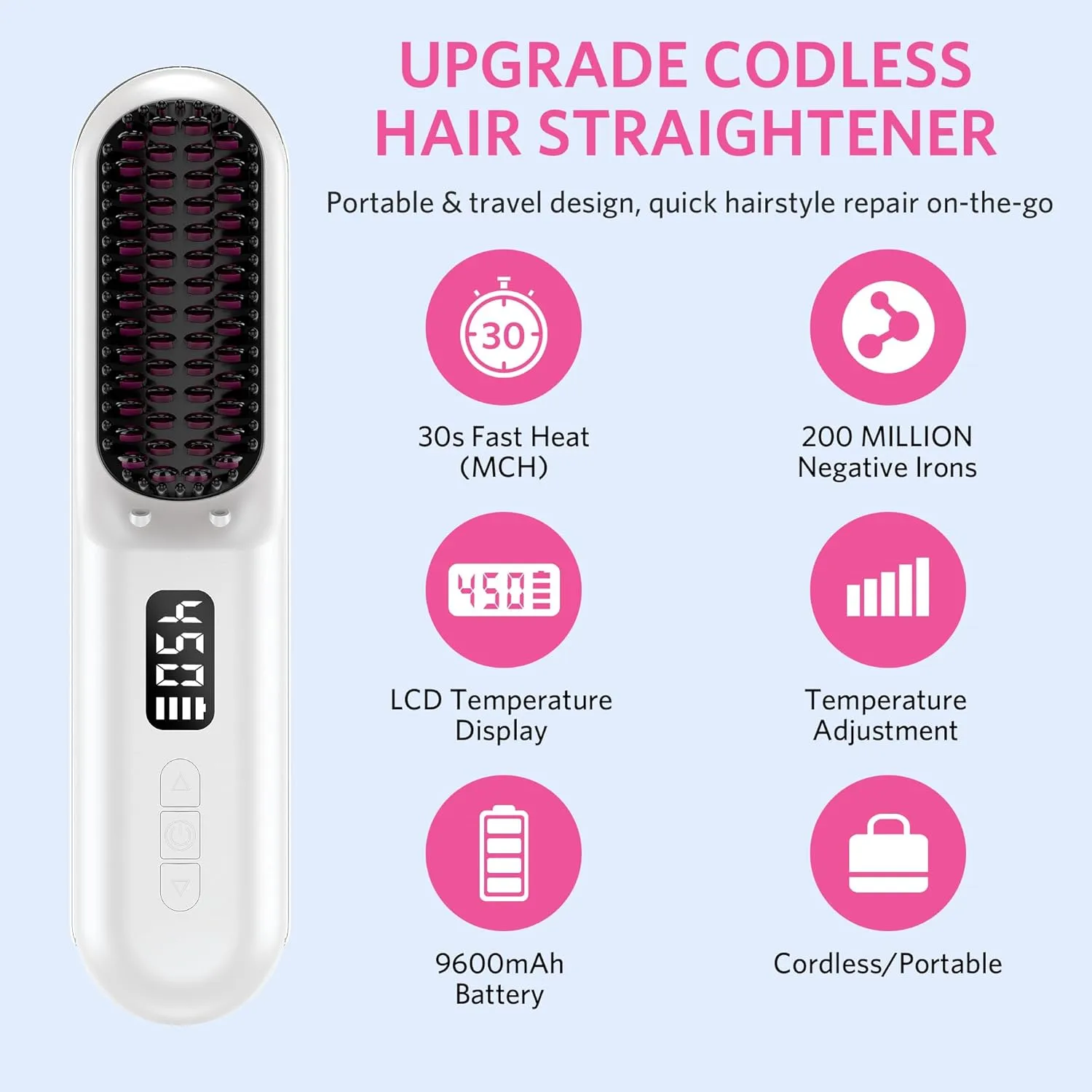 Cordless Hair Straightener Brush, Portable Mini Hair Straightening Brush for Travel, Rechargeable 9600 mAh USB-C, Lightweight Anti-Scald Heated Styling Tools & Appliances