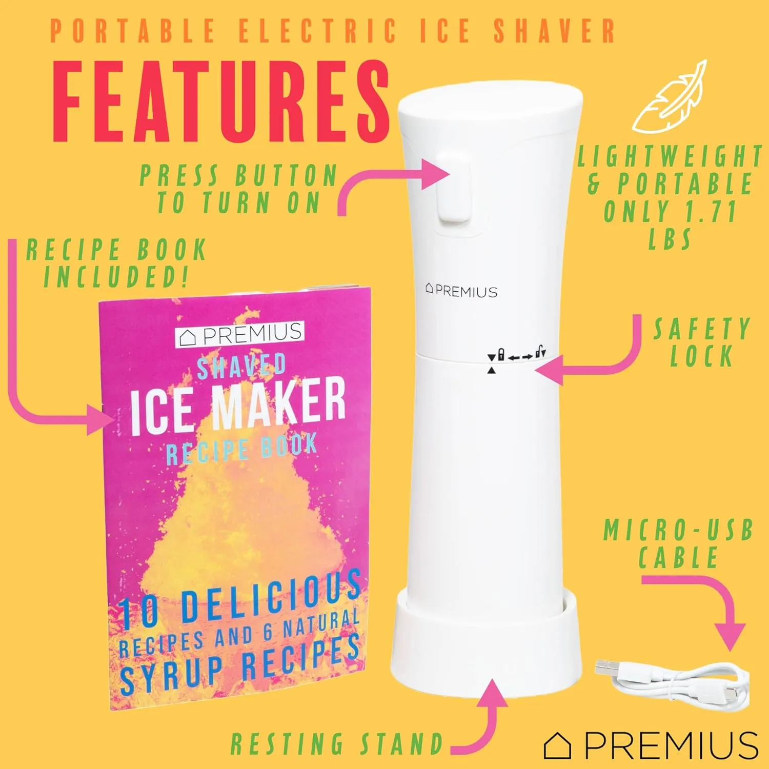 Cordless Shaved Ice Maker by PREMIUS – Lightweight, Rechargeable, Bonus Recipe Book, Resting Stand – Hawaiian Shaved Ice! USB Cord Included – Up to 40 Snow Cones Per Charge! No Molds Needed! (White)