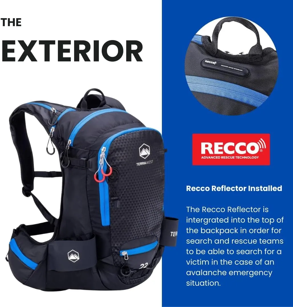 Core 22 Ski Backpack, Recco Reflector and Back Protector Installed, Backcountry Skiing, Snowboarding, Snowmobiling, Split Boarding (Ocean Blue/Orange)